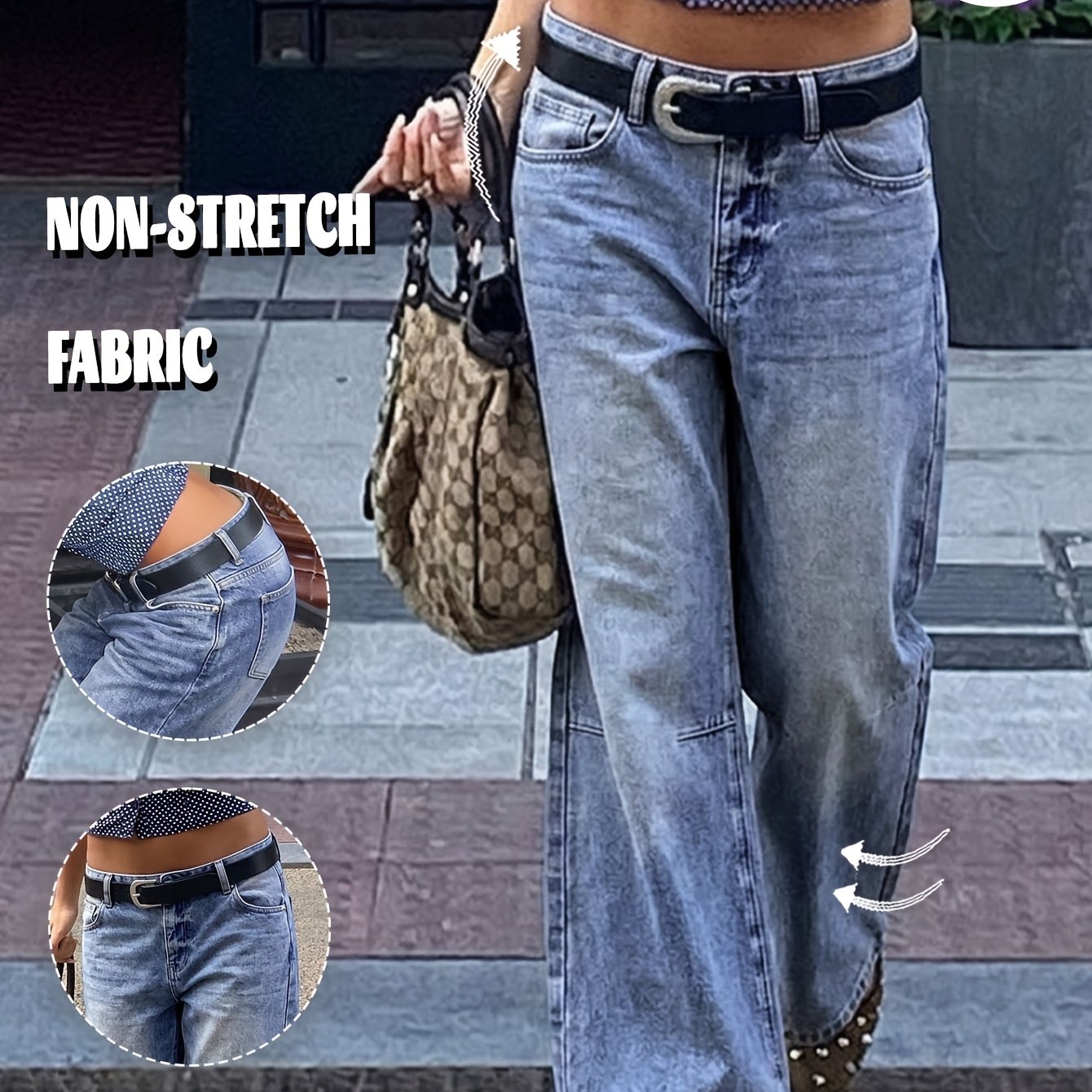 Image of Women's Wide-leg Full-length Denim Pants - Wash Blue Washed Straight-leg Jeans With Built-in Zipper Closure, Heavy-denim For All-wea Denim Jeans