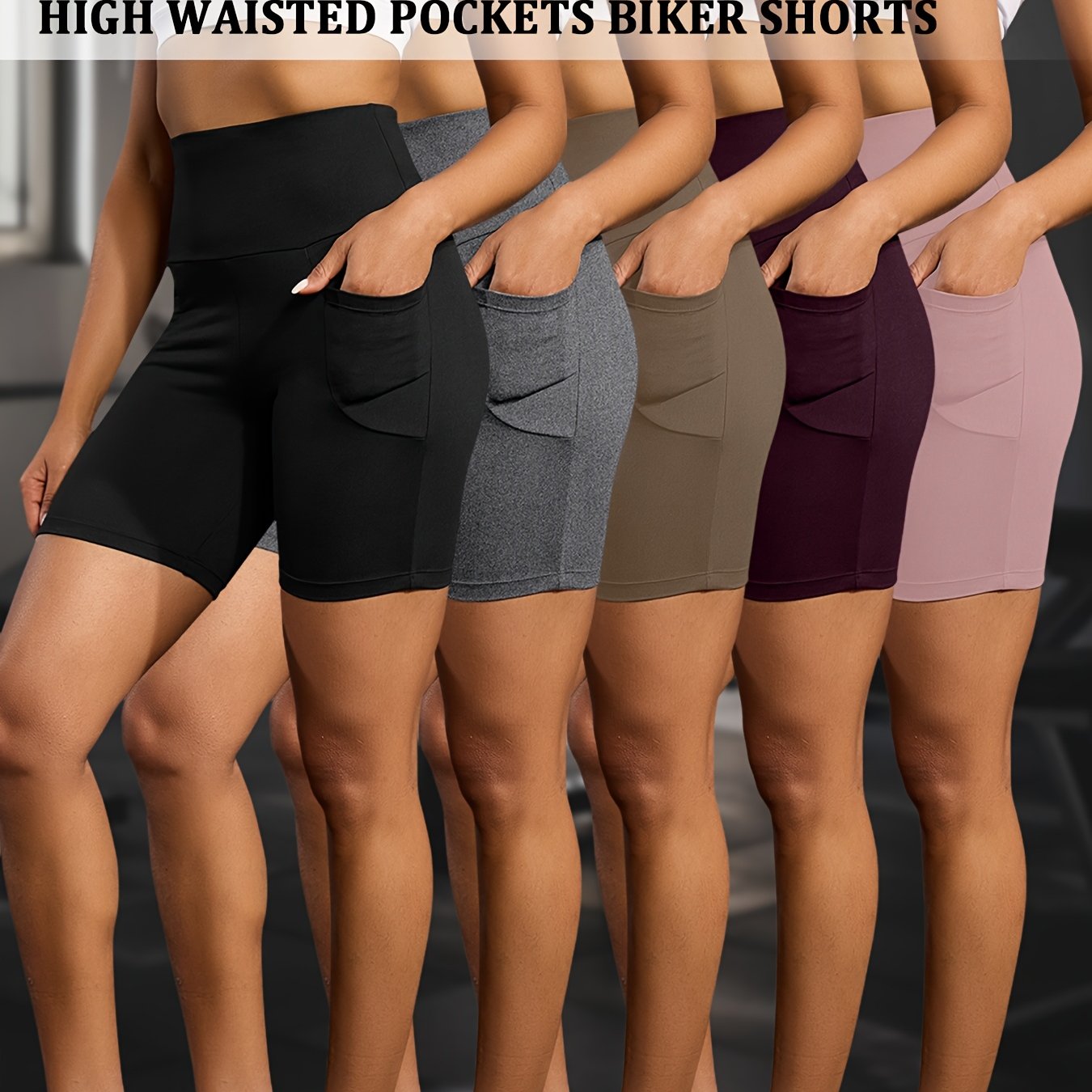 5 Pack 5" High Waisted Biker Shorts For Women With Pockets, Super Soft Tummy Control No See Through Workout Running Yoga Athletic Shorts, 6"inseam