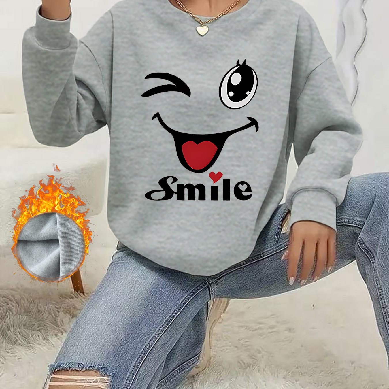 TEMU 1pc Women's Thin Autumn Pullover Sweatshirt - Fun Heart And Print, Stylish And Unique Crew Neck Pullover, Suitable For Sports, Commuting,