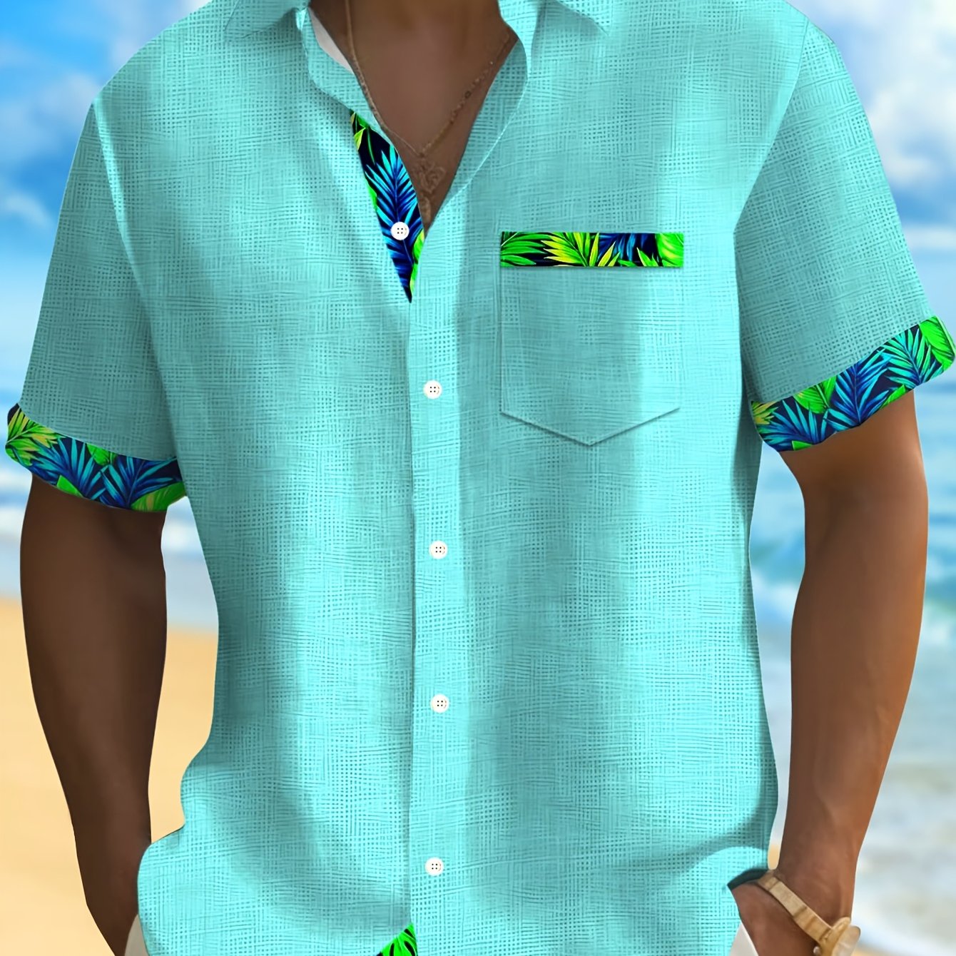 TEMU Plant Print Short-sleeve Button-up Shirt For Men