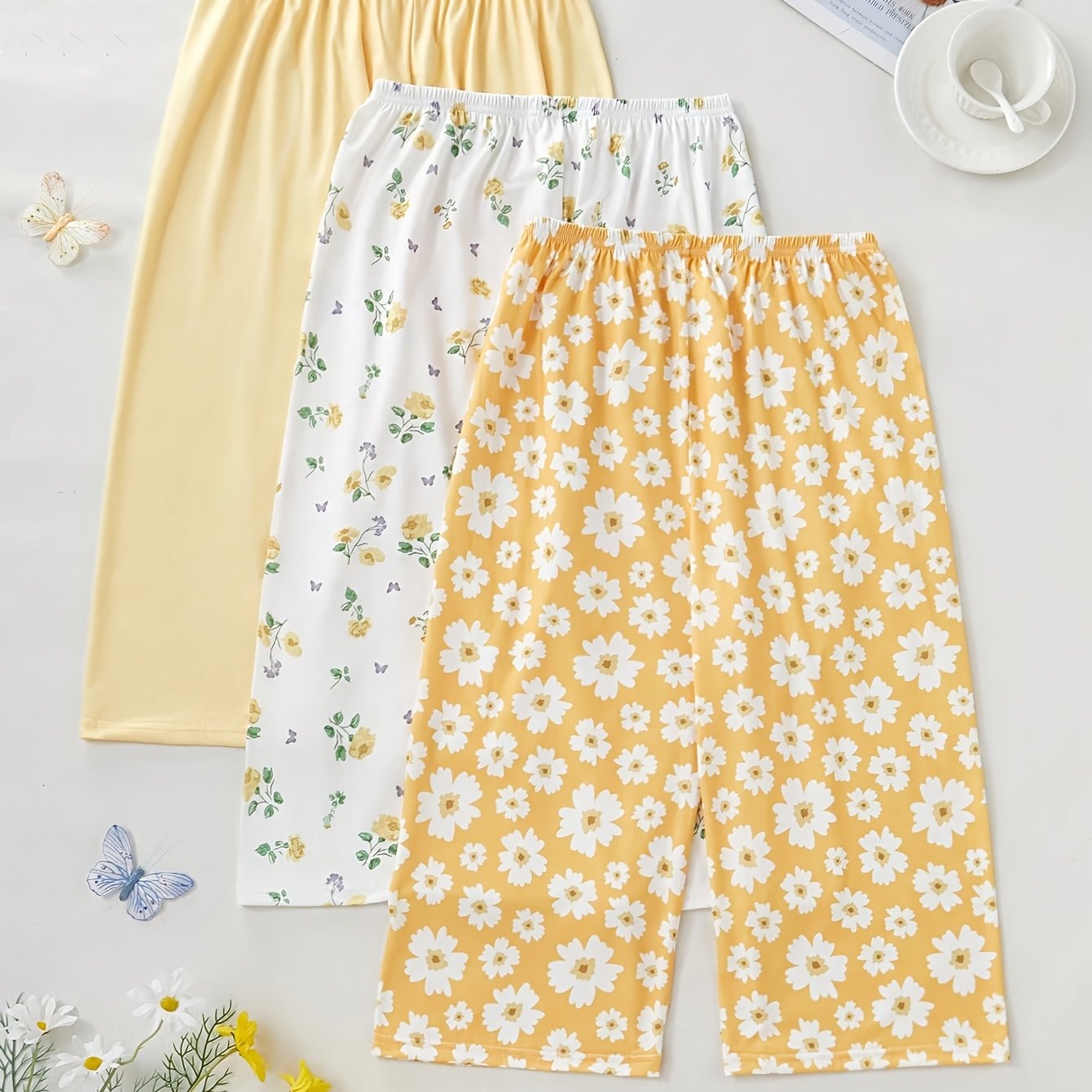 TEMU Women' Color And Floral Print 3pcs Sleep Pants Set