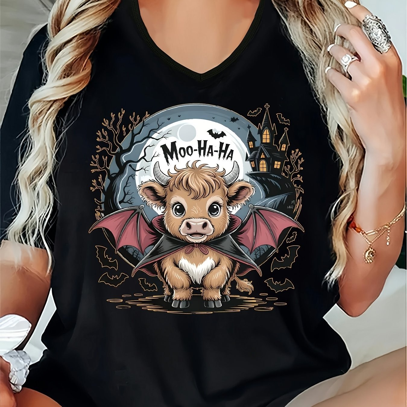 TEMU - Casual V-neck For S With Short Sleeves Featuring A Fun Halloween Design Of A Highland Cow Stylish Women's Wear-unisex Holiday Gift Casual