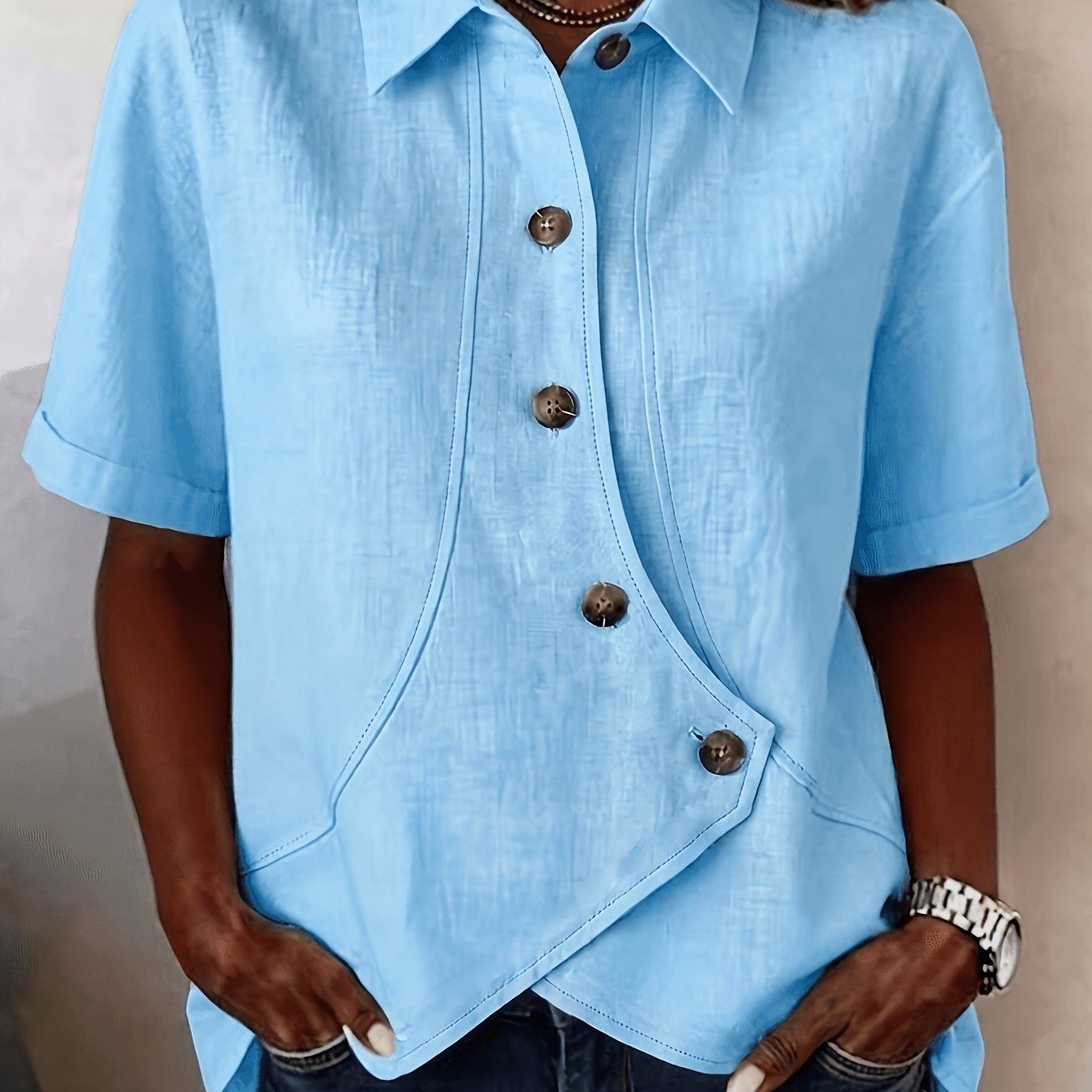TEMU Camicia da donna elegante con a - corta con bottoni asimmetrici sul , chiusura con bottoni obliqui e vestibilit� , maglia a non elasticizzata,