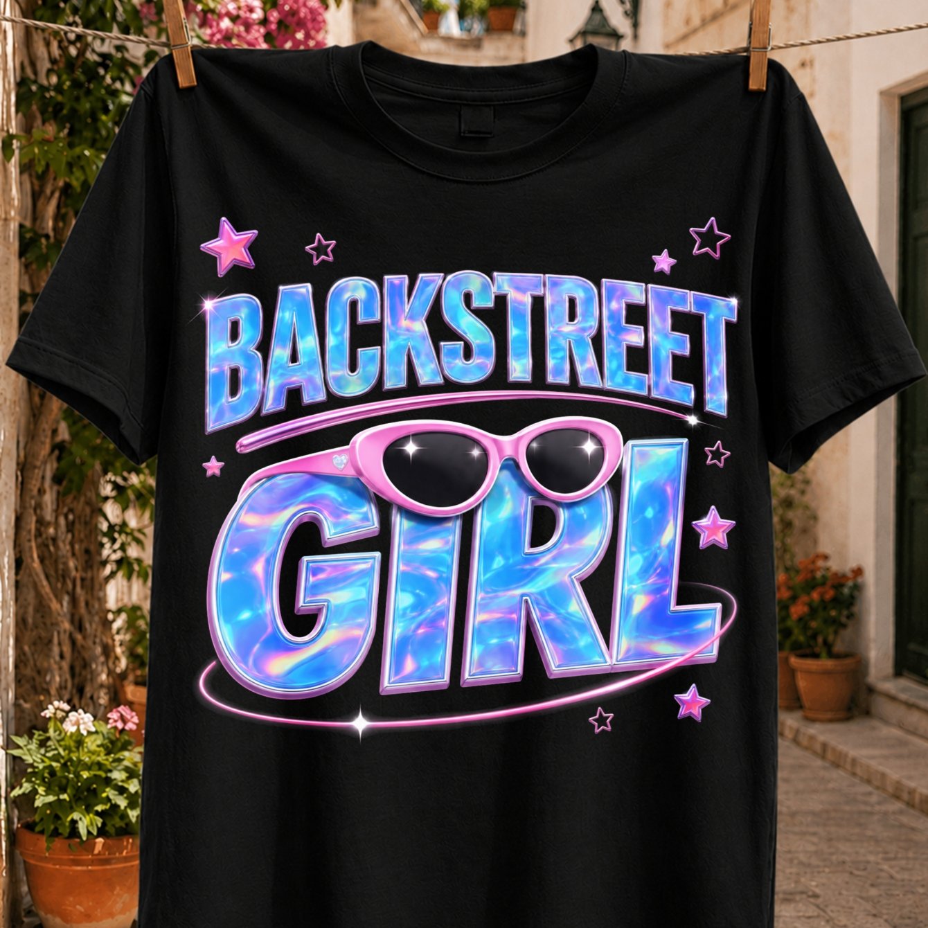 Backstreet Girl Glossy Holographic Blue Purple And Pink Y2k Lettering Stars And Sparkle Accents Unisex All T-shirt