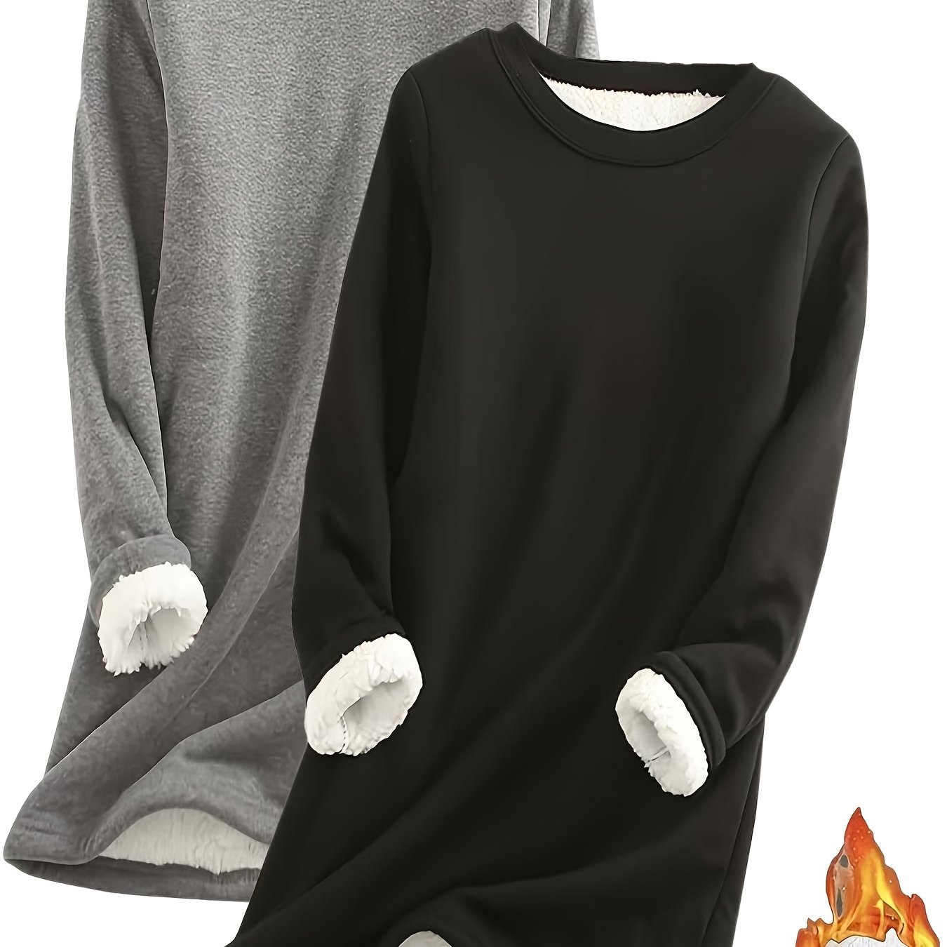 Image of Plus Size - Plus Size - Set Of 2, Yutong Directional Autumn And Winter New Style Fleece Solid Shirt, Women's Mid-length Plus Size Fleece Sweatshirt Top