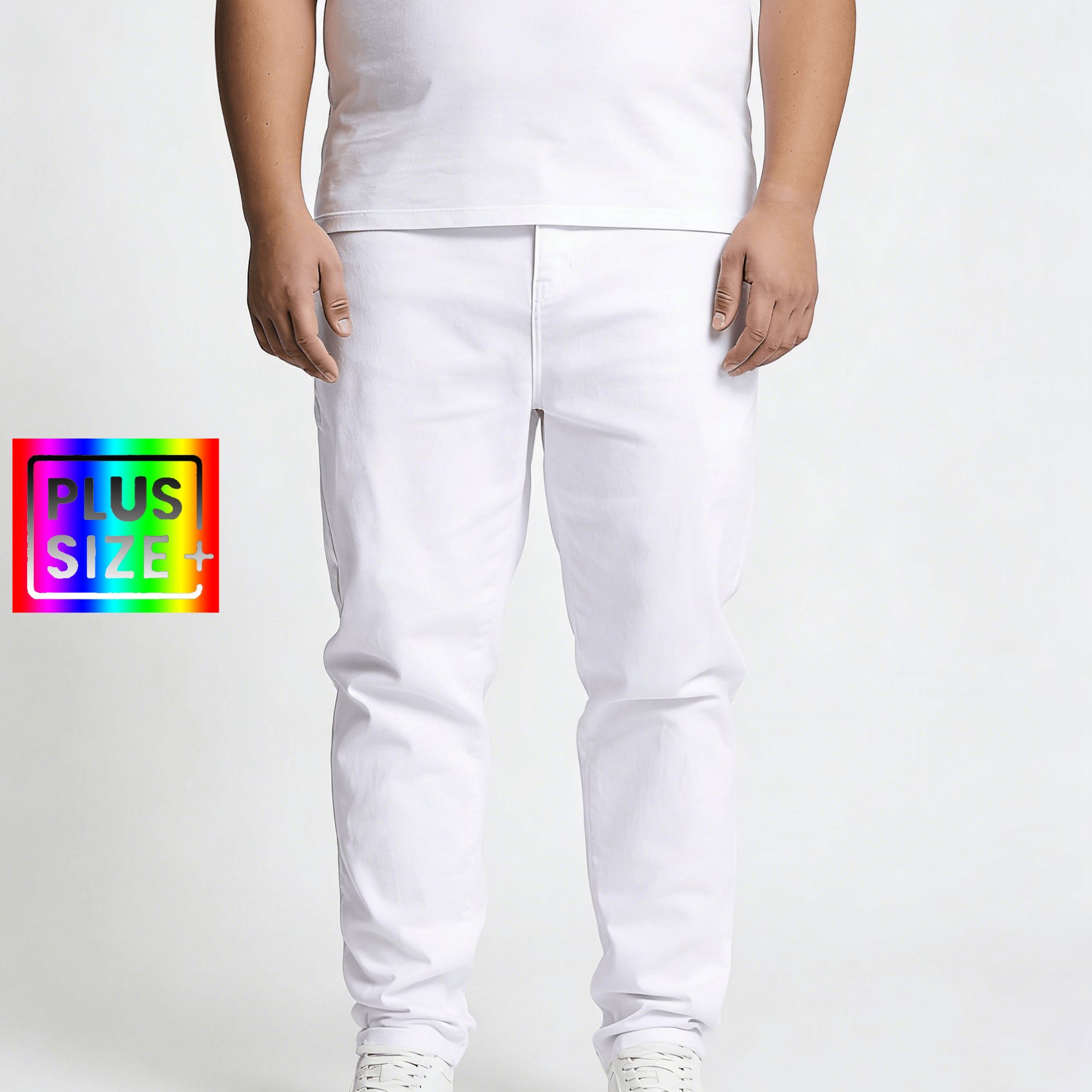Hme-192 Men's Plus Size Stretch White Jeans - Beltless Straight Trousers With Washed, Regular Fit Suitable For Larger Men, Machine Washable Belt-free Pants For Casual & Casual Attire,, Plus Size
