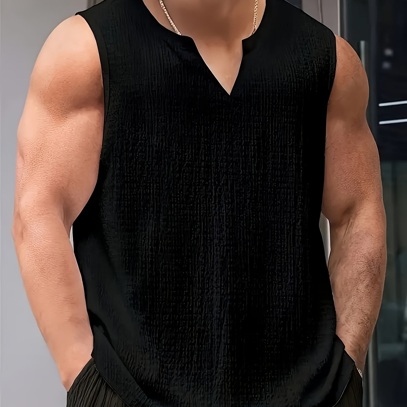 TEMU Cross-border 2026 Men's Vest Ripple Casual Sports Fitness Sweatshirt Solid Color V-neck Thin Breathable Sleeveless Vest Men