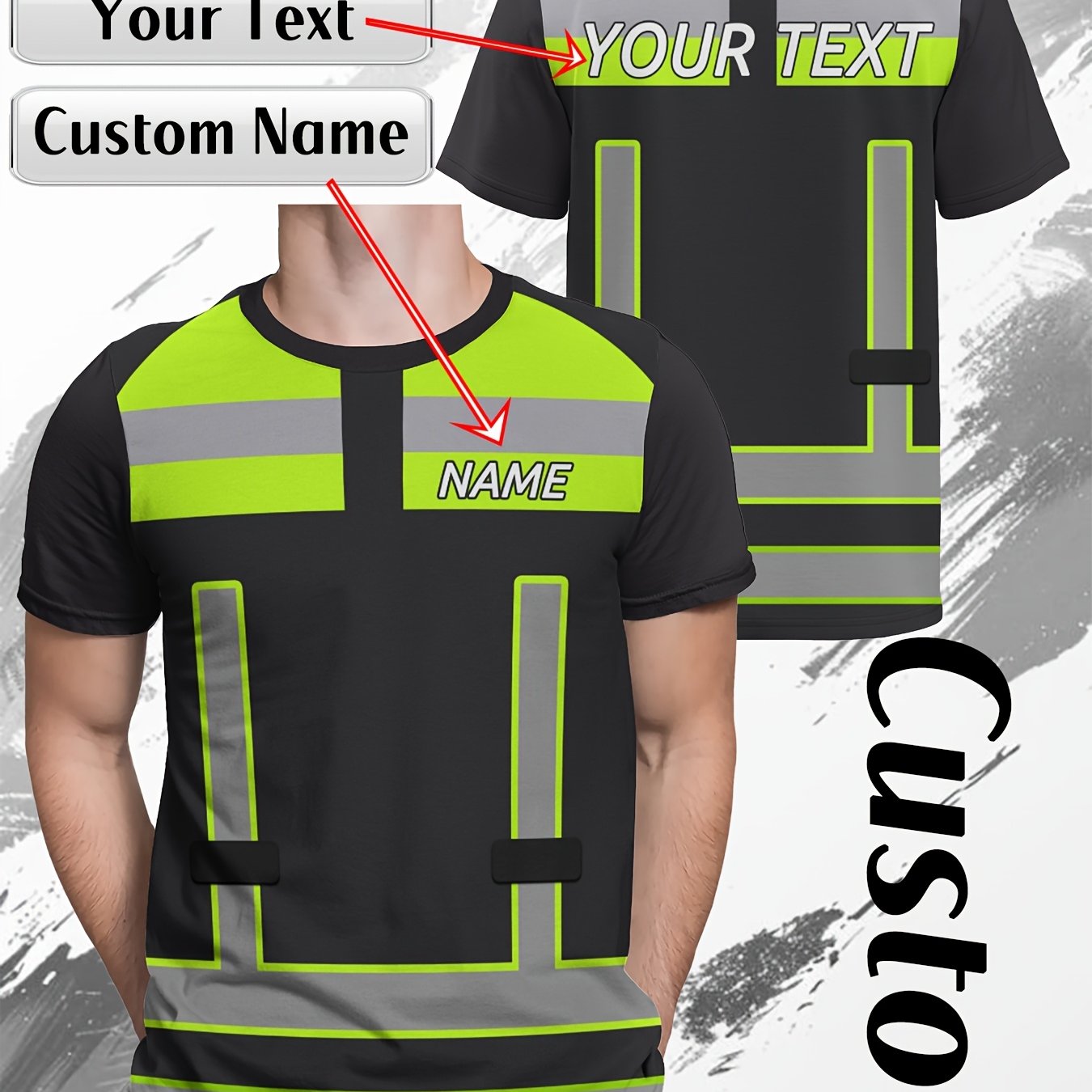 E-shop Individuelles 3D Digitalbedrucktes Herren T-Shirt für die Arbeitskleidung - Benutzerdefiniertes Textdesign, Allover-Print in Camp Green und