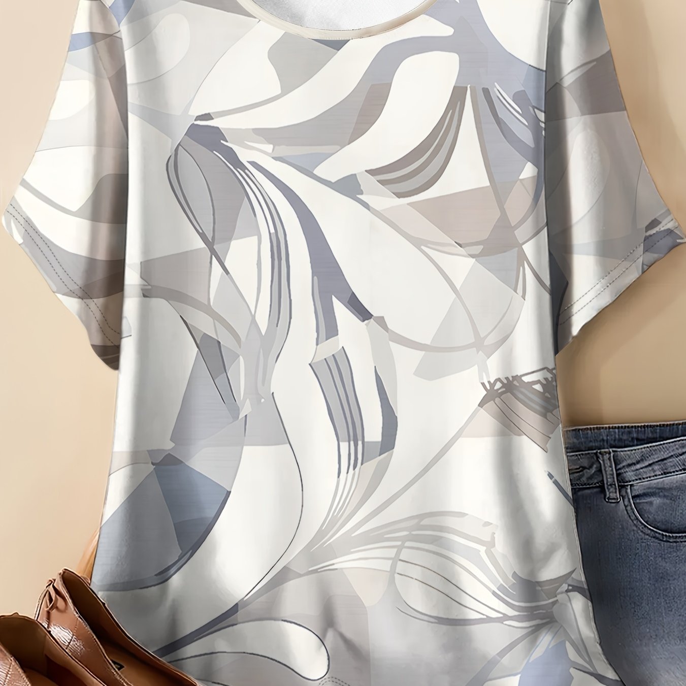 TEMU Women's Loose-fitting Short-sleeve T-shirt With A Easy Abstract Print, Perfect For Summer, Comfortable And Breathable