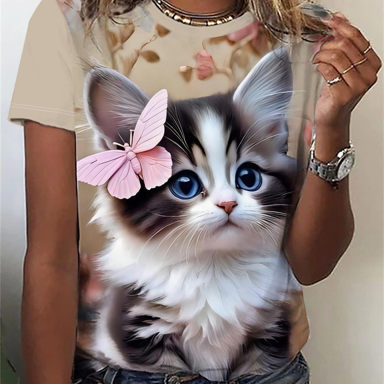 TEMU T-shirt pour femme à motif imprimé chat et papillon [Motif imprimé - Non texturé] - Confortable, à manches courtes et col rond - Motif tendance