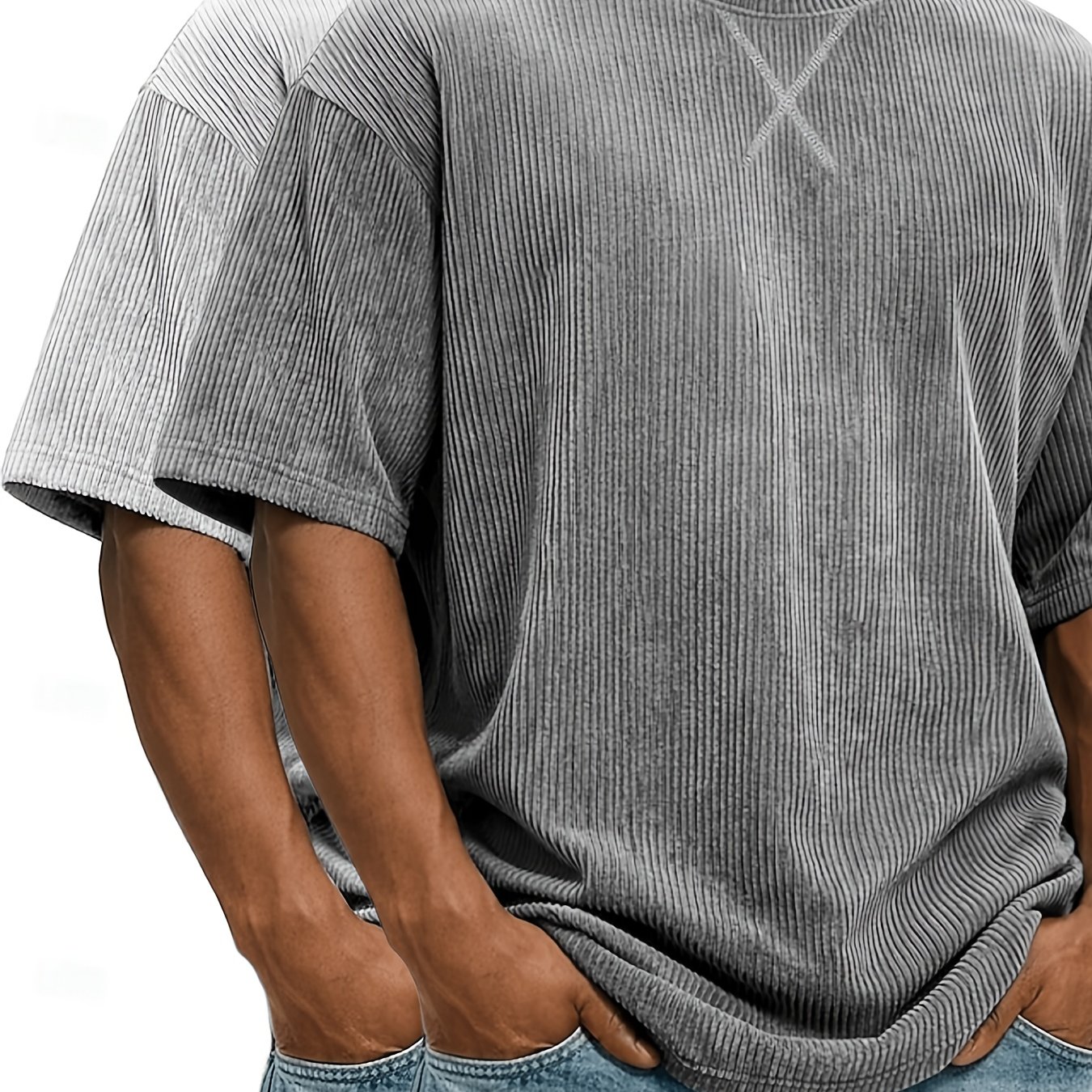 Image of 2pcs 2026 New Casual Corduroy Loose-fit T-shirts For Men - Summer Round-neck Running And Leisure Athletic T-shirts