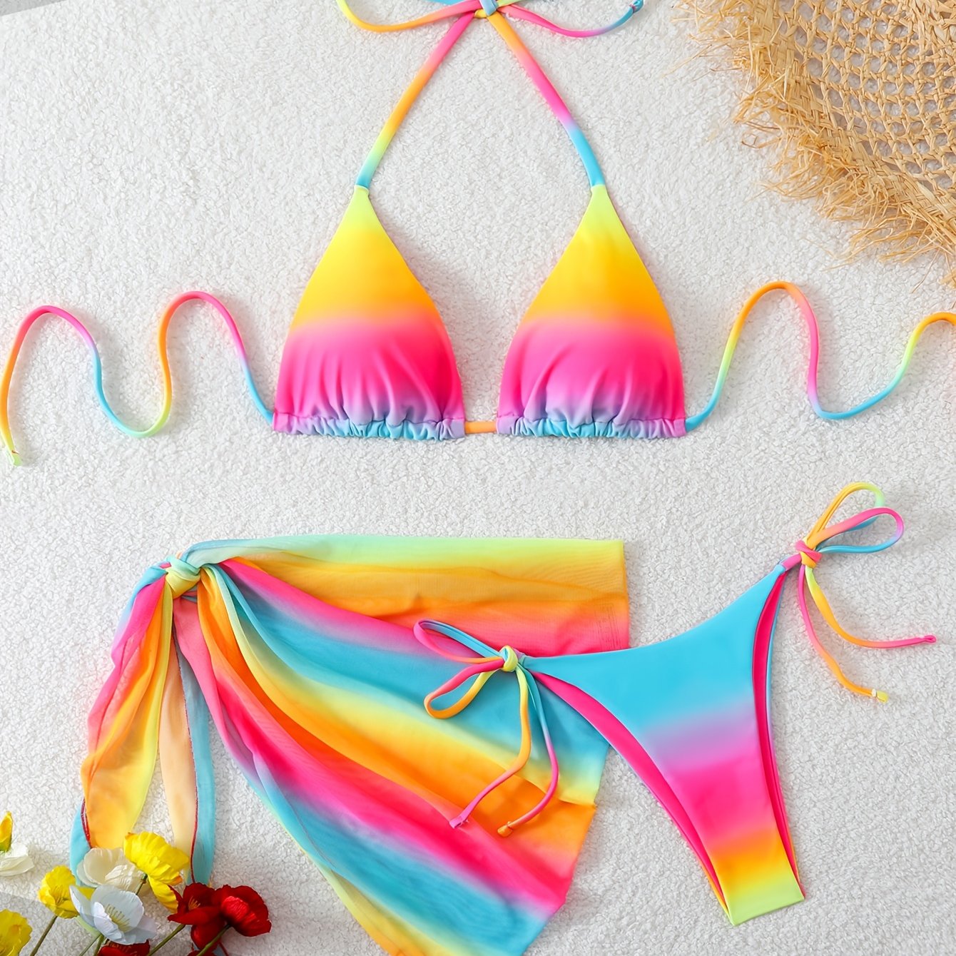 TEMU Ensemble bikini pièces pour femmes, couleur dégradée, imprimé, col licou, avec un design à à l'arrière, parfait pour les hôtels de plage, les