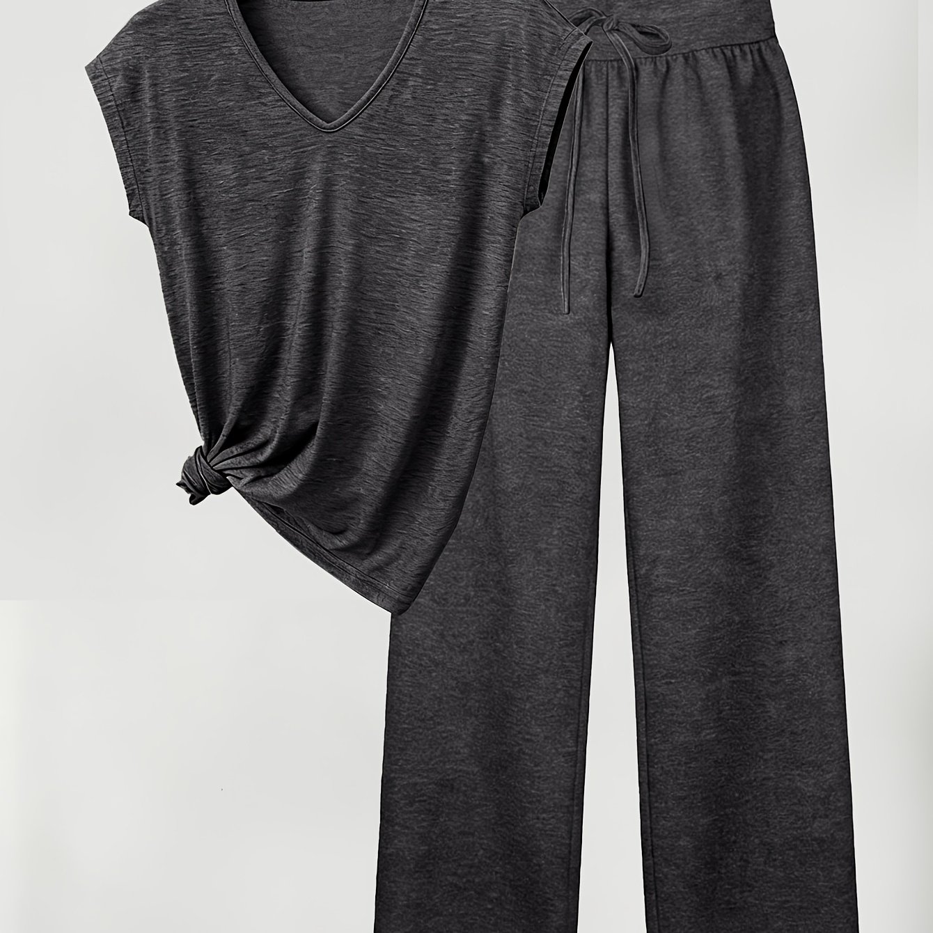 TEMU Women's V-neck Short Sleeve T-shirt And Long Pants Set, Easy Design, , Medium-stretch Fabric, Elastic Waistband On Pants, Machine Washable,