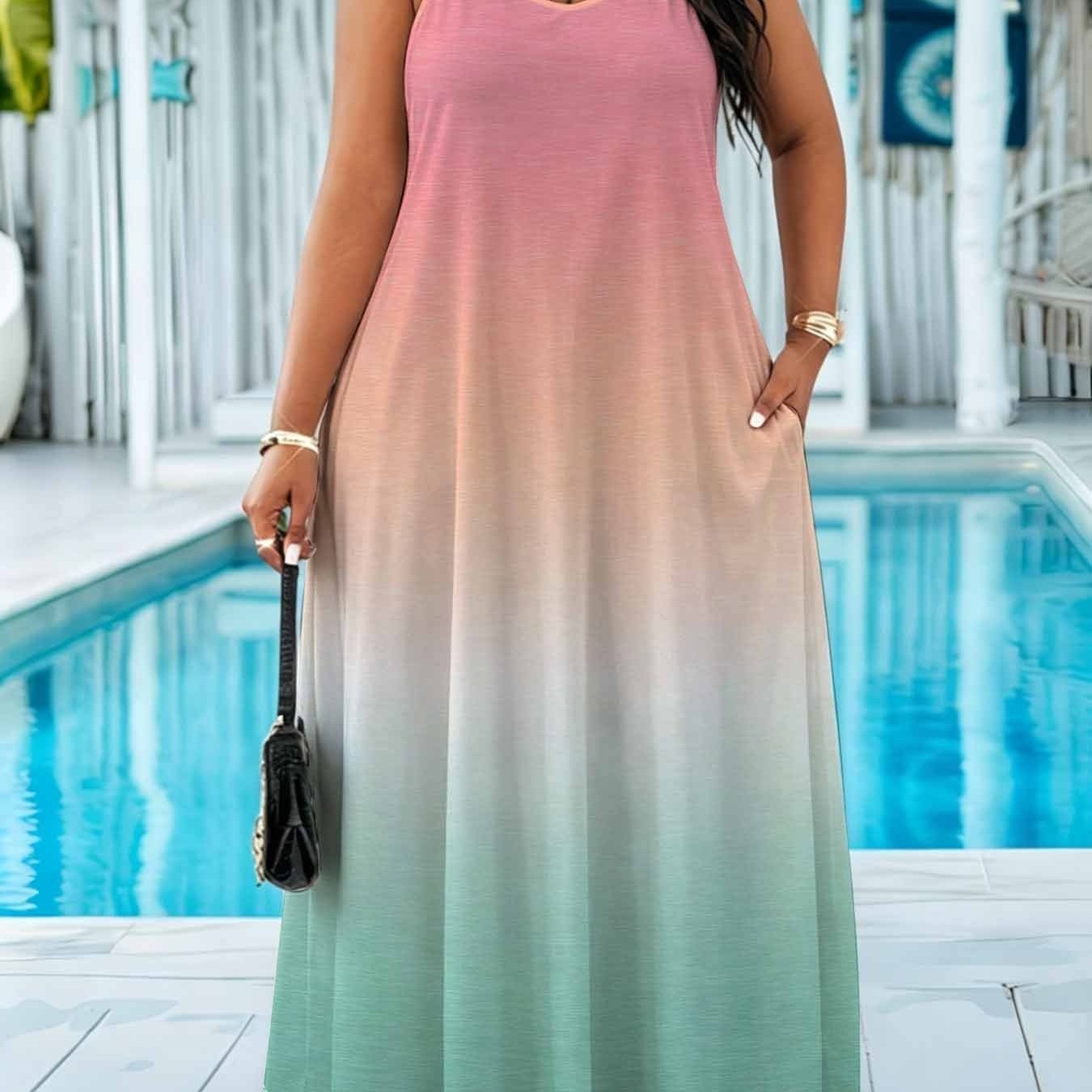 Plus Size - Plus-size Elegant Gradient Long Dress With Straps. Bohemian Chic Style, Fashionable And Versatile, Suitable For Vacations, Travel, And Parties