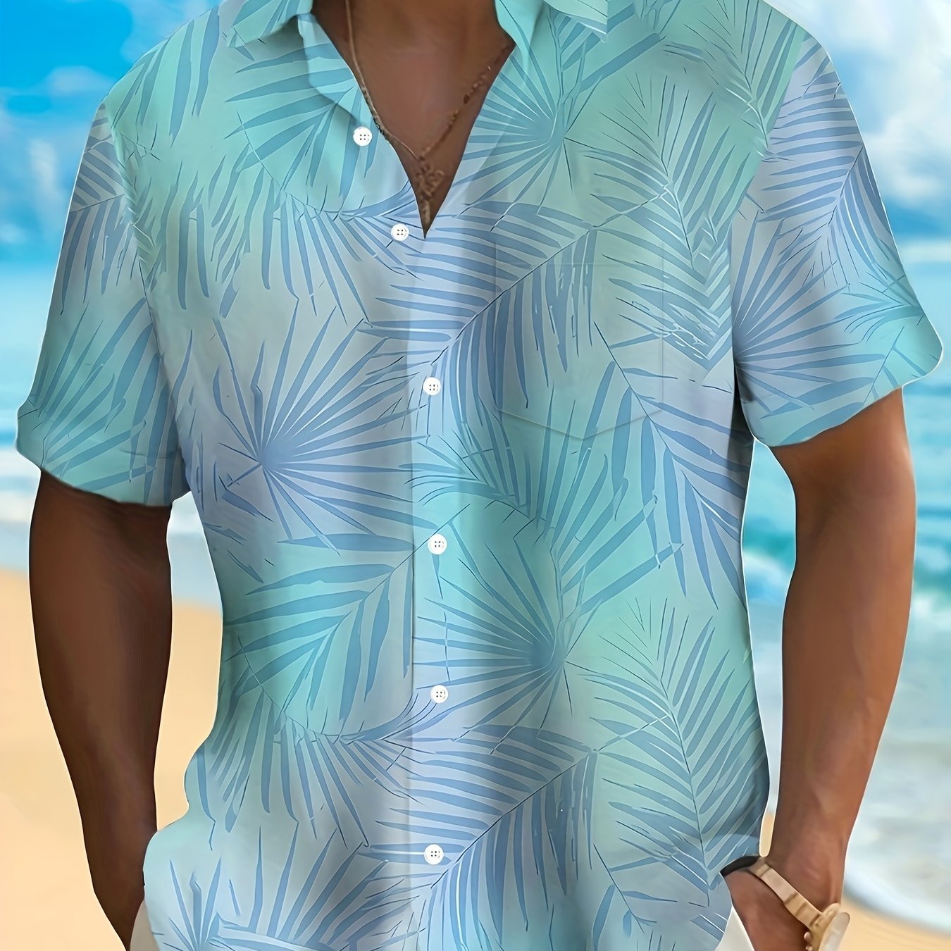 TEMU Men's Short-sleeve Shirt With Hawaiian Gradient Leaf Pattern, Button-front Closure, Pocket, And Loose Fit, Vacation Wear, Plus Size