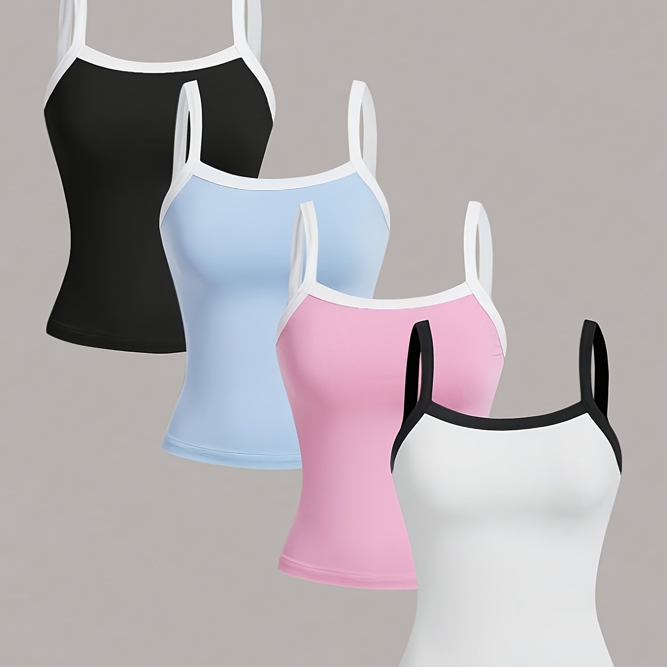 Image of Women's Summer Y Color-block Casual Cute Tank Tops For Daily , Beach, And Shopping, Black & White & Pink & Blue 4pcs Tank Tops
