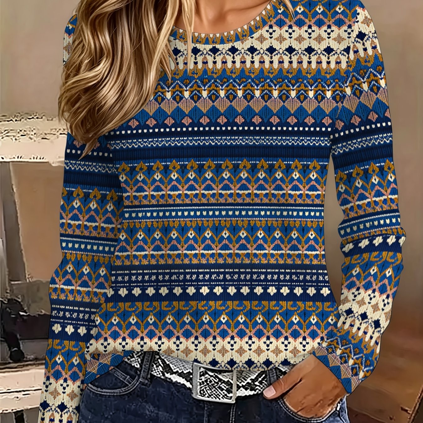 TEMU Women's Printed Crew Neck Long Sleeve T-shirt, Casual Summer Tops