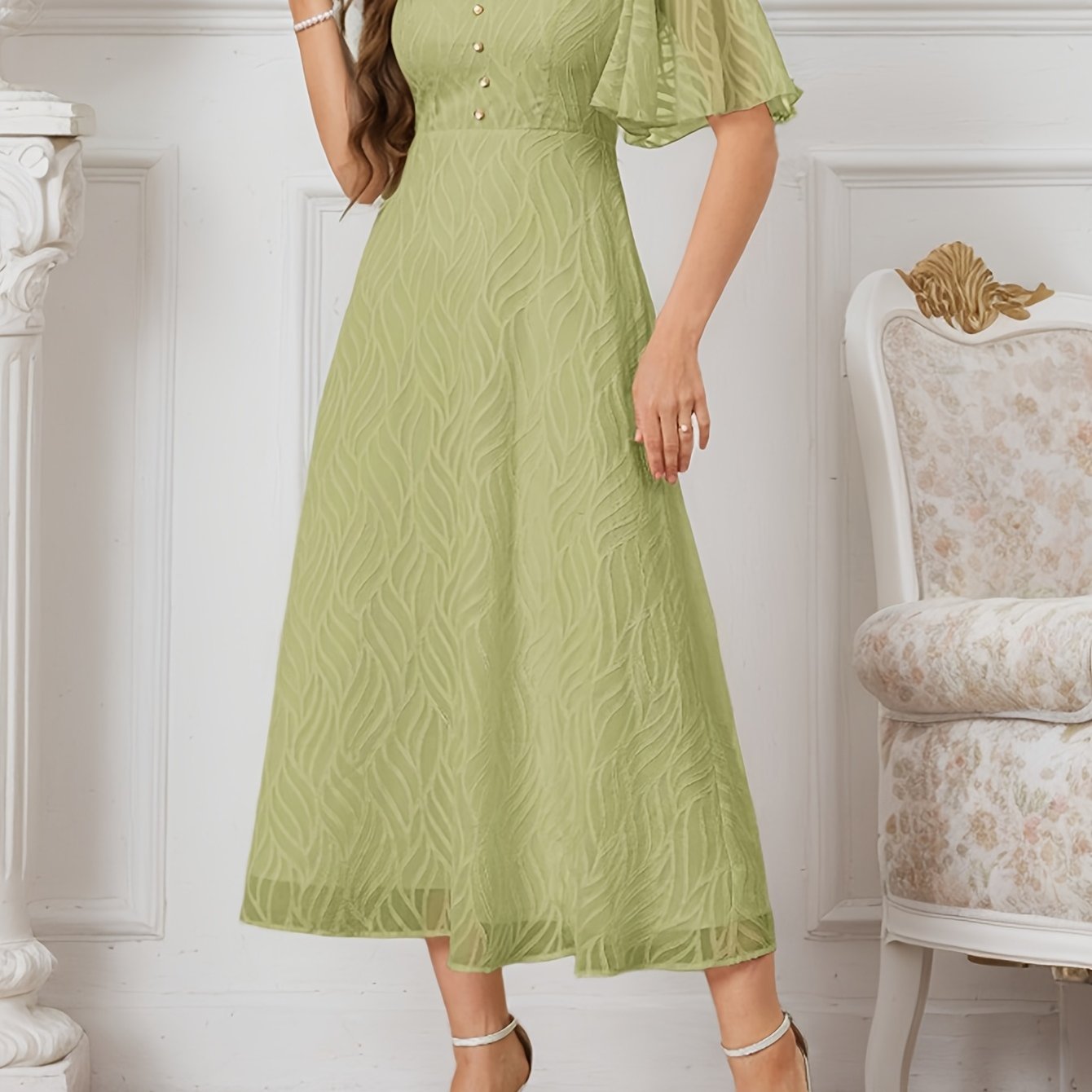 Womens Sage Green A Line Midi Dress with Flutter Sleeves