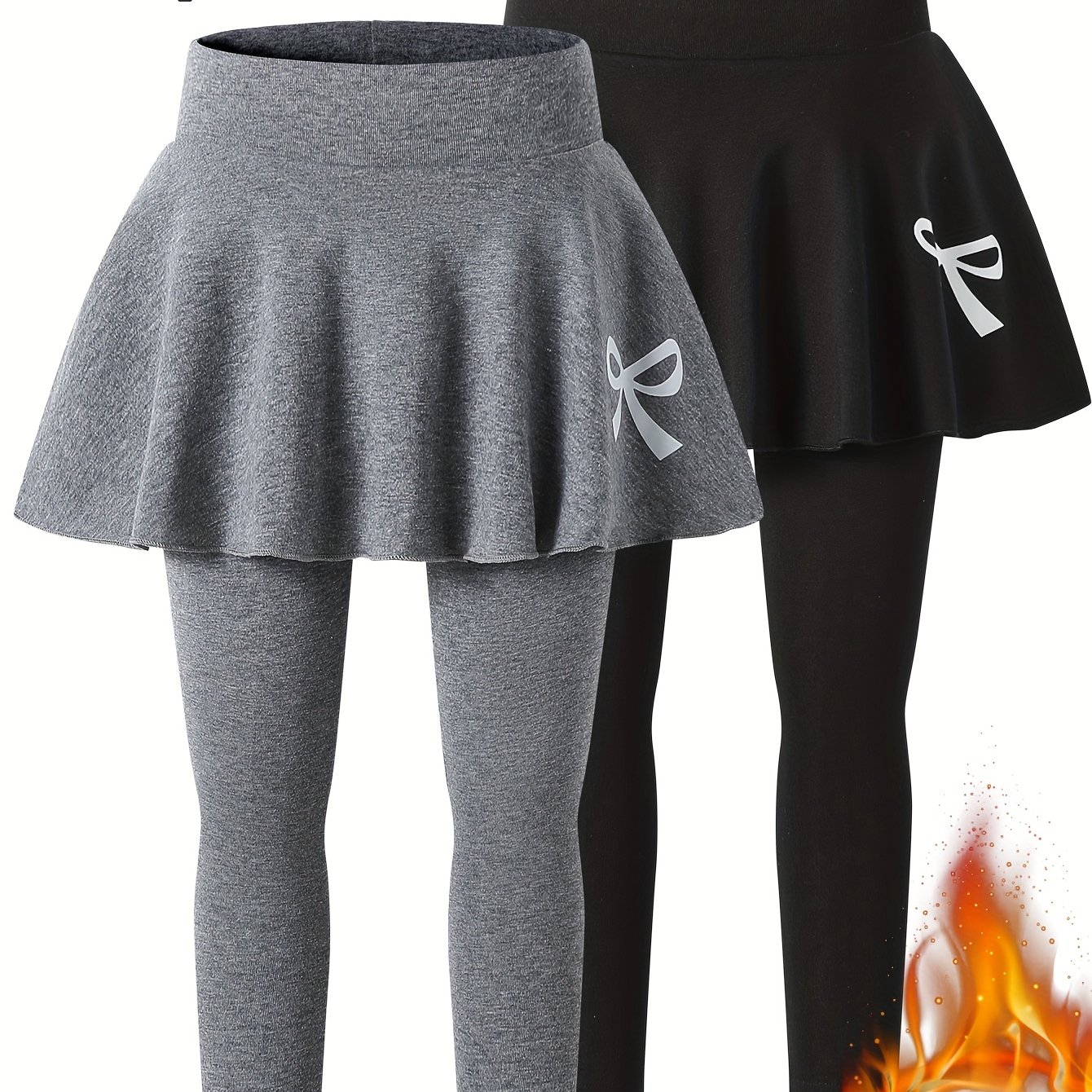 Girls' Fleece-lined Leggings Skirt Pants Winter Warm Pants Skirt Elastic Slim Fit Thickened Pants Skirt Black Gray Casual Cute Bow Winter Long Pants Winter Clothes