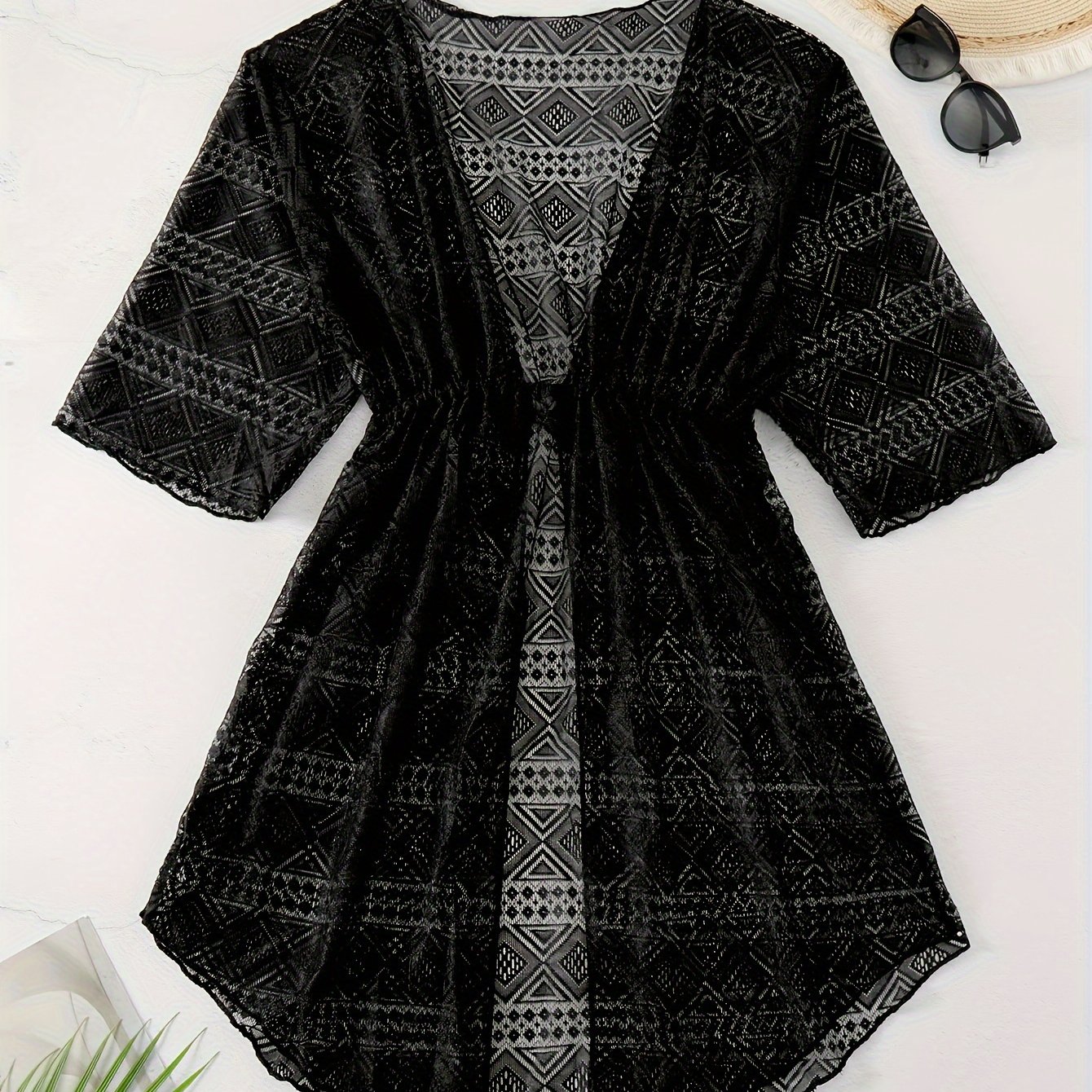 TEMU Plus Size Sexy Cover Up, Women's Plus Geo Pattern Drawstring Waist Half Sleeve Beach Cover Up