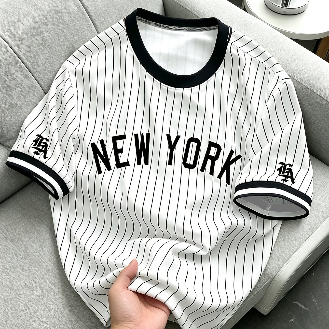 TEMU Men's Vintage Baseball Vertical Stripe T-shirt - Contrast Black Trim Crew Neck Short-sleeve, Drop Shoulder Fit Retro Streetwear Suitable For