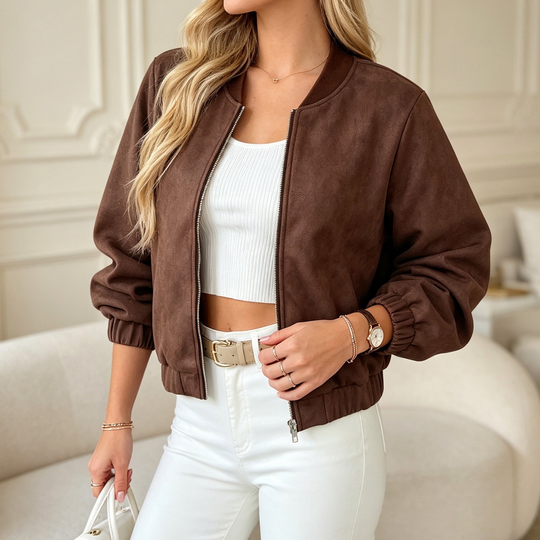 TEMU YY260519538 Dames Minimalistisch Modejack in Koreaanse Stijl voor Lente/Herfst met Metalen Rits, Verlaagde Schouder, Casual Stijl