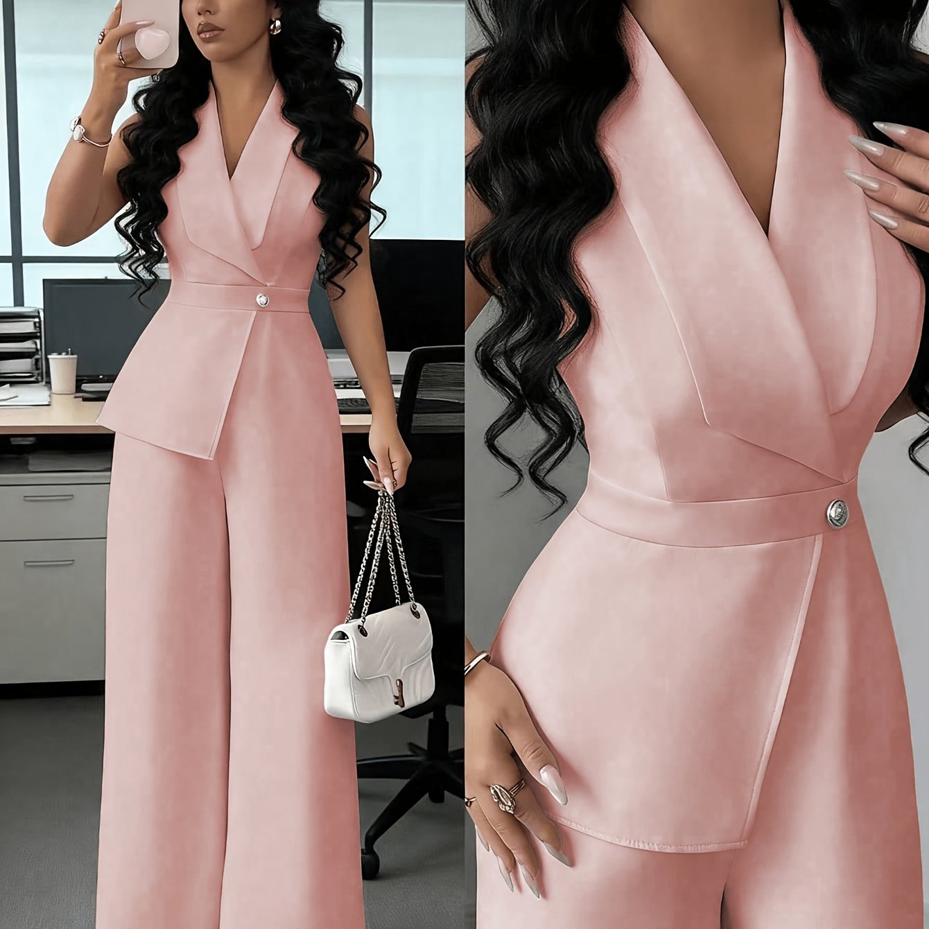 TEMU ZLLZ Ensemble élégant pour femmes, couleur unie, veste à col en V avec ceinture et combinaison
