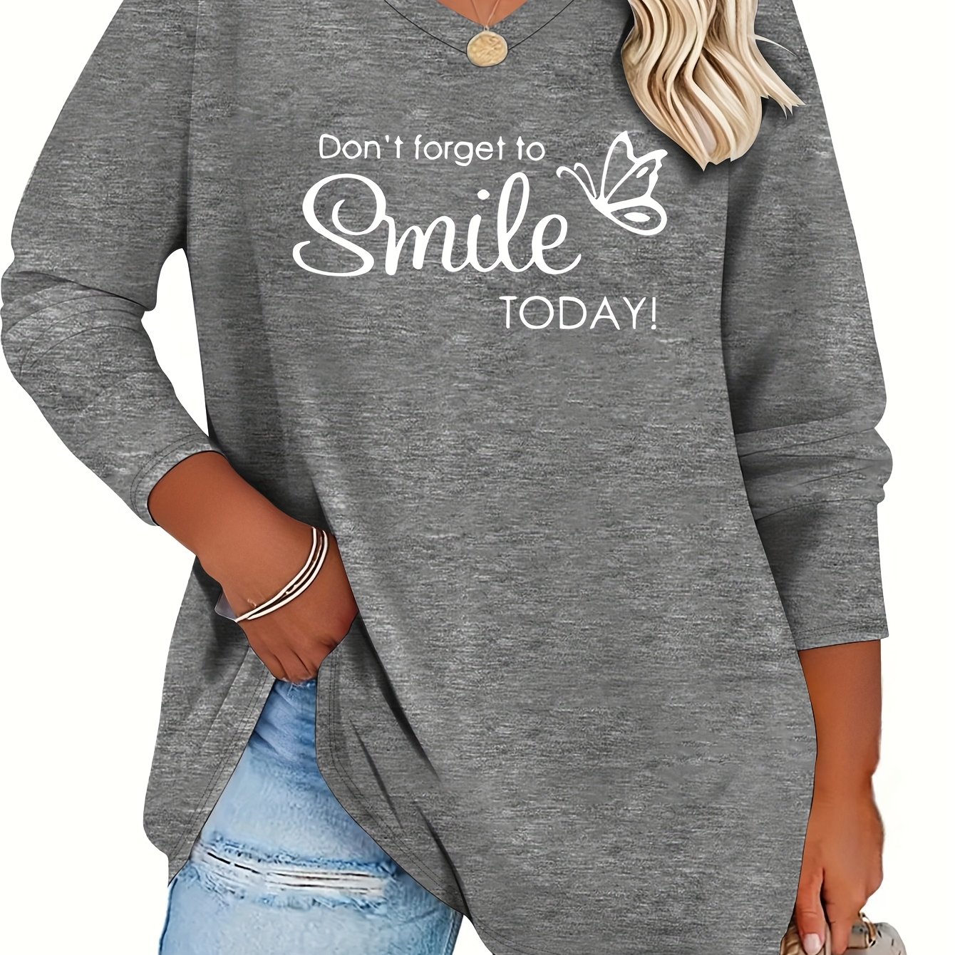 E-shop Plus Size - Plus Size - Frühling und Sommer Neue Size Damenmode Buchstaben "Don't , Too" Schmetterling Druck Lässiges Langarm V-Ausschnitt