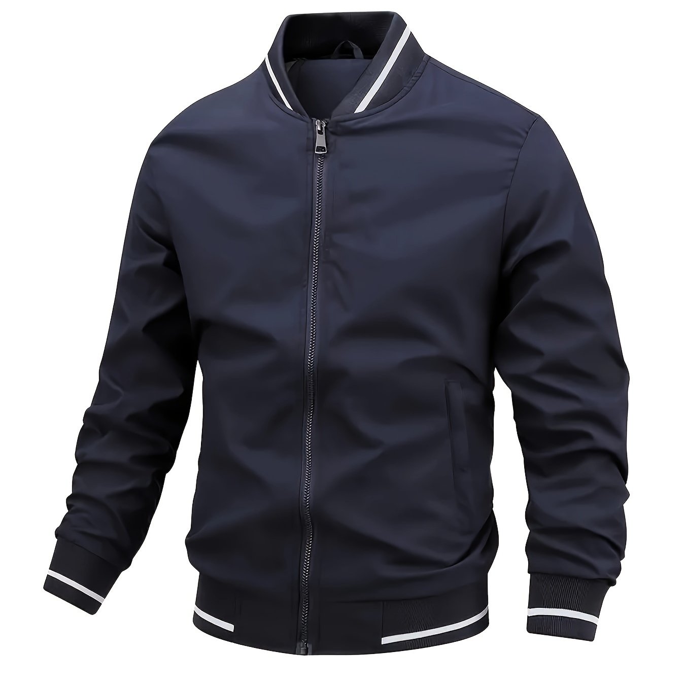 TEMU Men's Lightweight Casual Stand Collar Pilot Jacket, Solid Color Long Sleeve, Suitable For Spring And Autumn, And Windproof