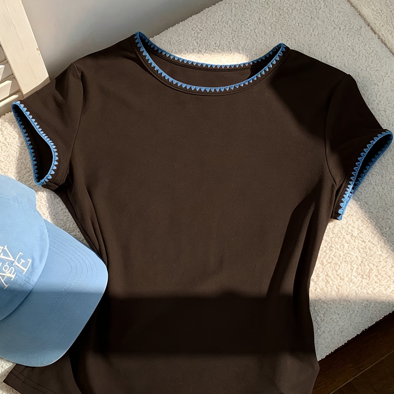 TEMU Autumn Winter New Women's Sheer Round Neck T-shirt, Contrast Lace Collar Short Basic Base Layer, Comfortable Breathable Skin-friendly Short