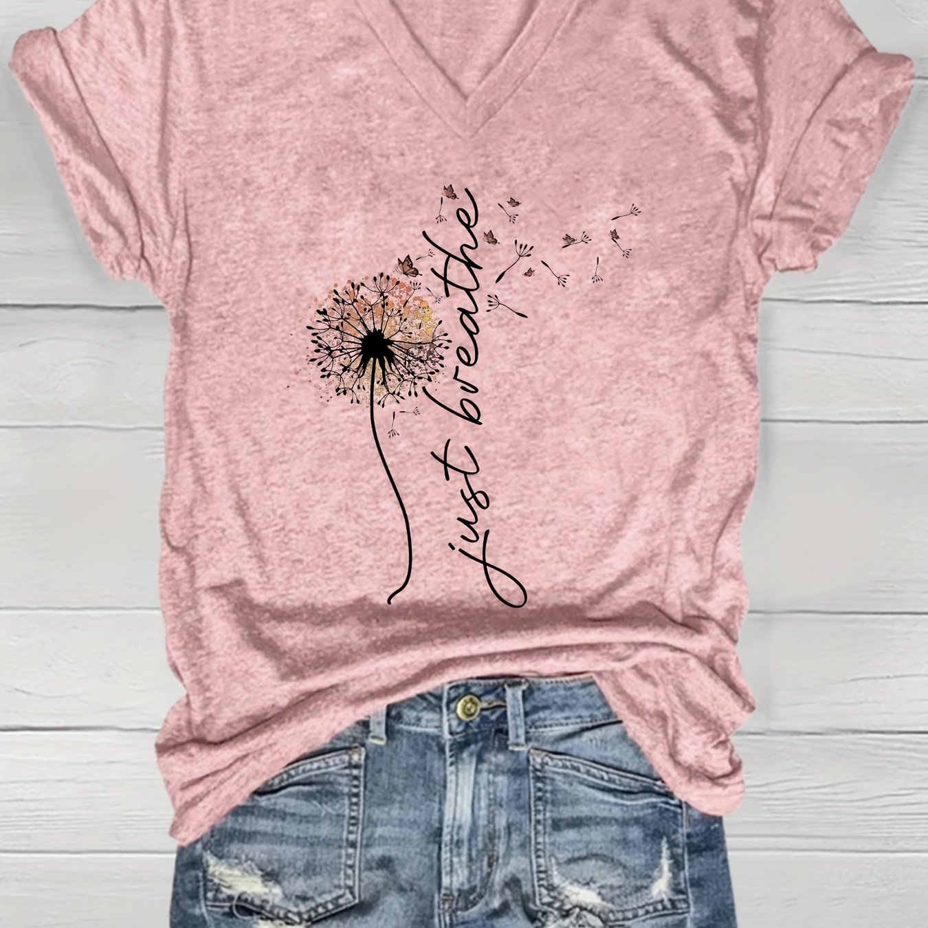 Image of 2025 Spring/summer New Style Positioned Printed V-neck Short Sleeve Loose Casual Women's Top Base T-shirt Comfortable And Fashionable - Suitable For Spring/summer Daily And