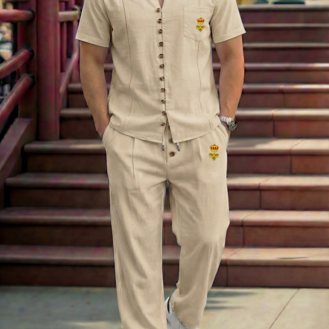 Summer Men's New Style Logo Casual Collar Lace Pocket And Linen Short-sleeved Shirt With Pants Two-piece Set