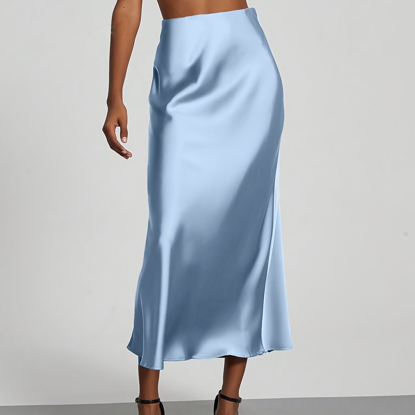 elegant light blue high waist satin maxi skirt side - Temu