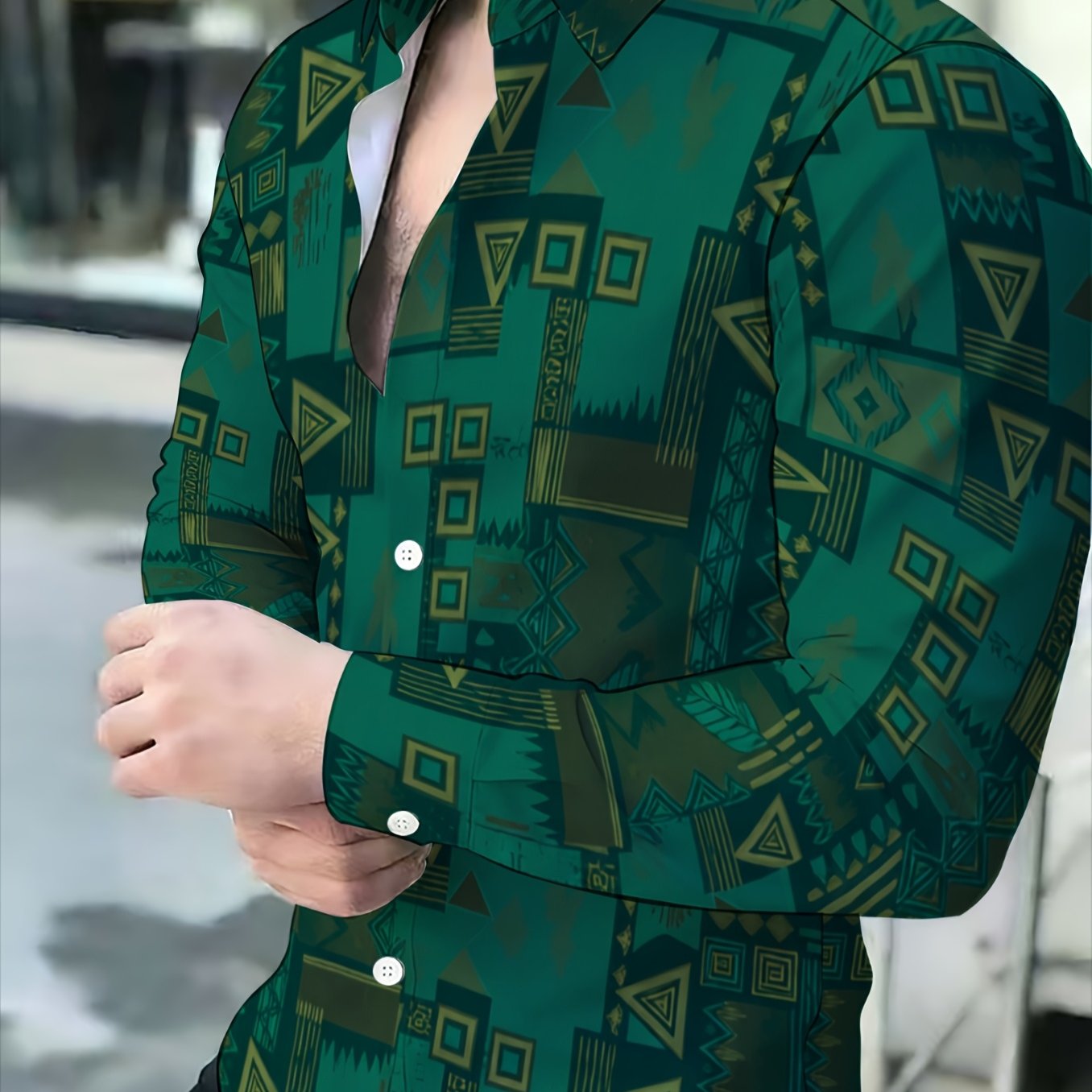 TEMU Men' Brown Geometric Ethnic Style Shirt, Individual Casual Long Sleeve Dress Shirt For Office And Daily Wear, Breathable Comfortable Shirt