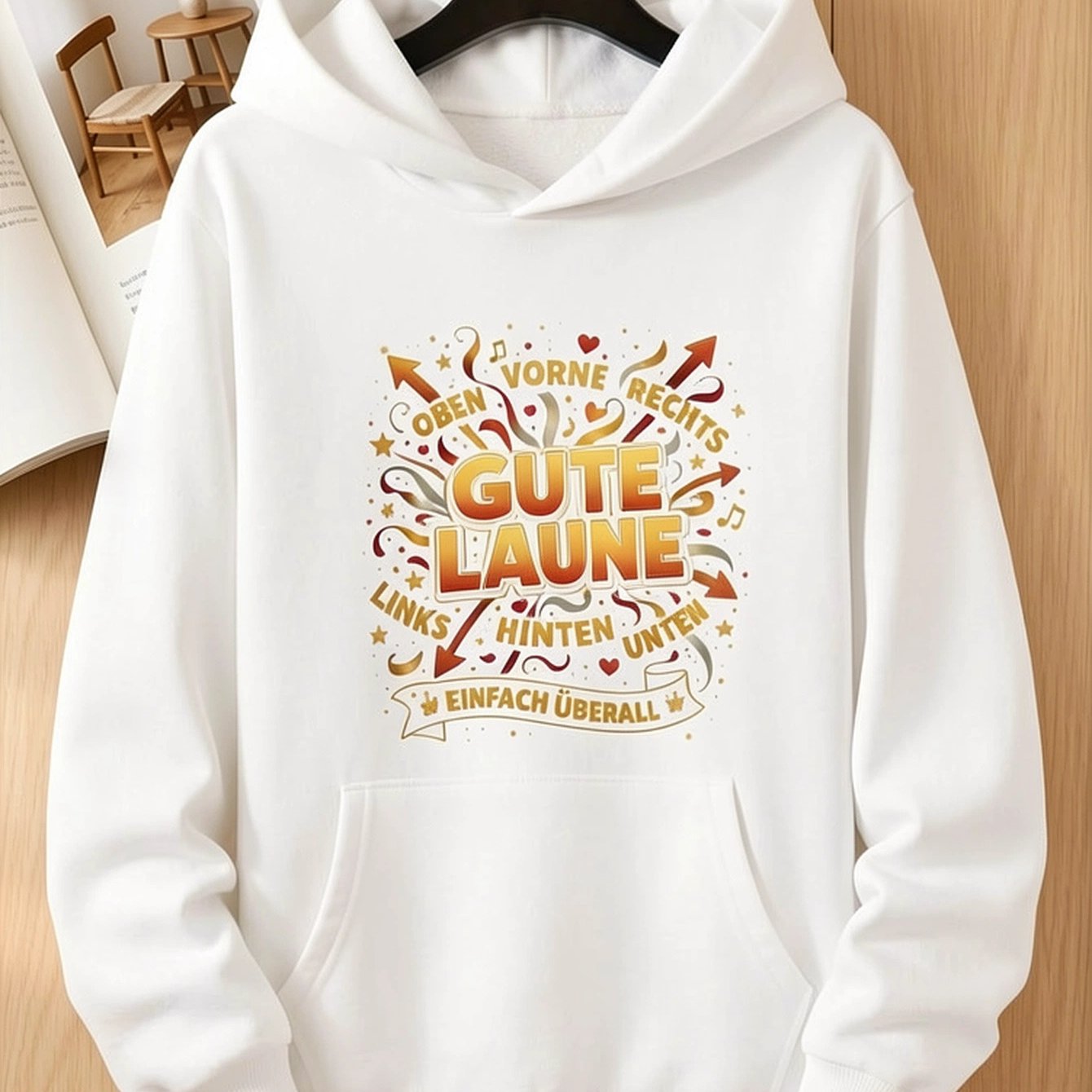 Image of Simply Everywhere Graphic Hoodie, Unisex Hooded Sweatshirt, Long Sleeve Pullover With Kangaroo Pocket, Colorful German Print, Loose Fit Casual Streetwear Top For Fall Winter, Daily Wear And Travel