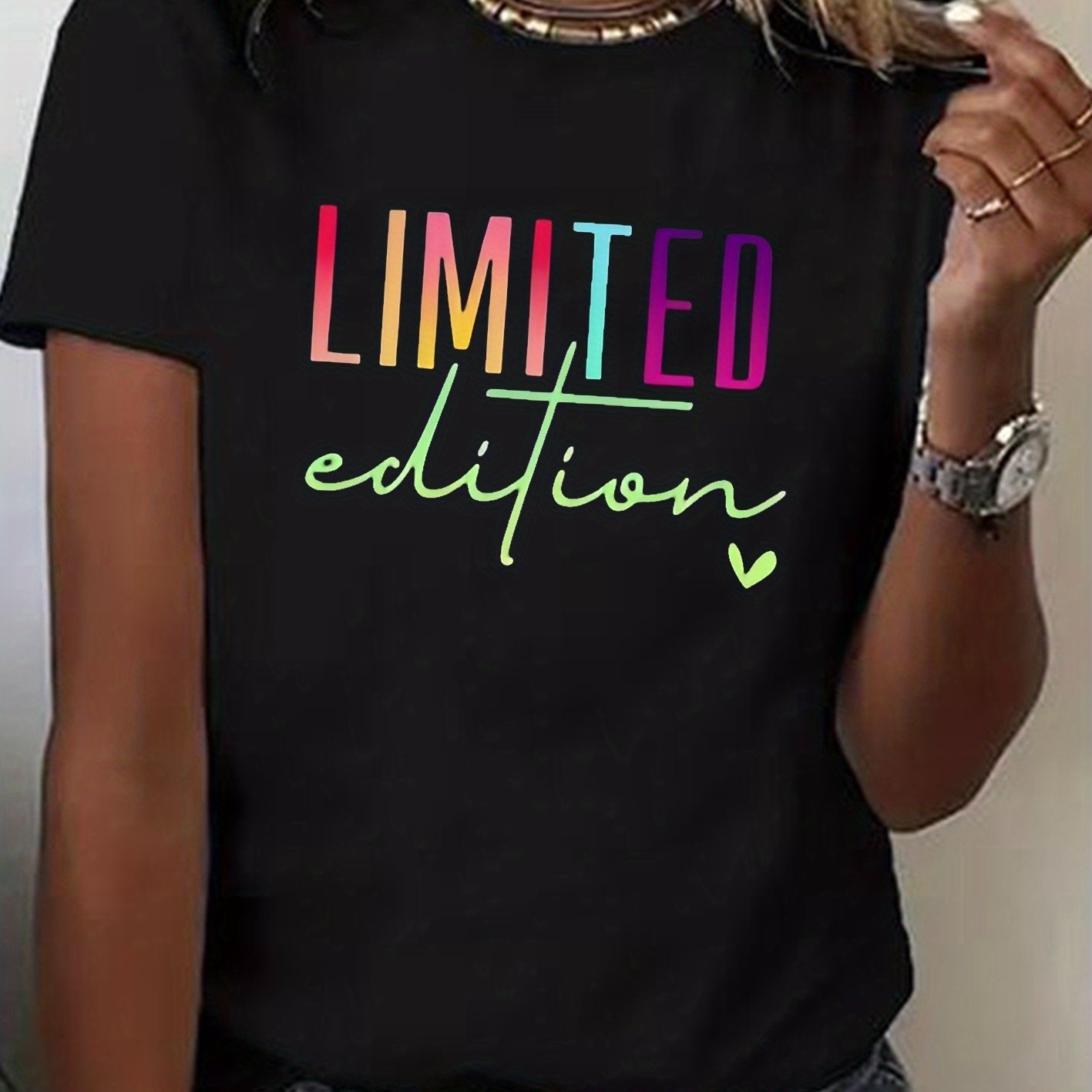 Image of Plus Size Women's Edition Printed T-shirt, Casual Short Sleeve Round Neck Top, Comfortable And Breathable For Daily Wear, Colorful Letter Tee