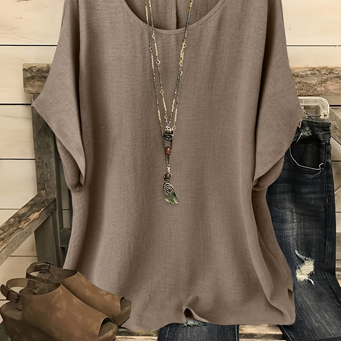 item picture womens casual summer   neck short sleeve loose fit solid color machine washable vacation casual outing beach top relaxed fit shirt glossy texture beachwear