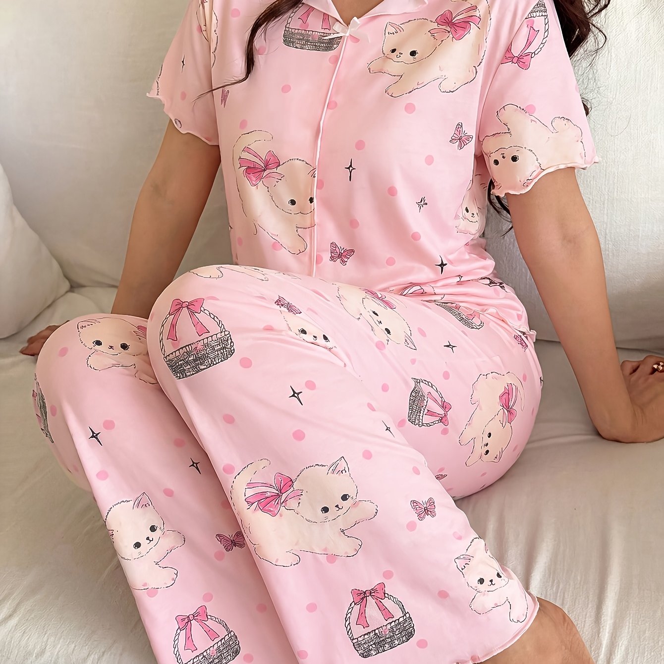 TEMU Women's V-neck Cartoon Print Pajama Set, Short-sleeved Top And Trousers, Cute Pajama Set, Women's Loungewear Set, Casual And Stylish Pajama Set