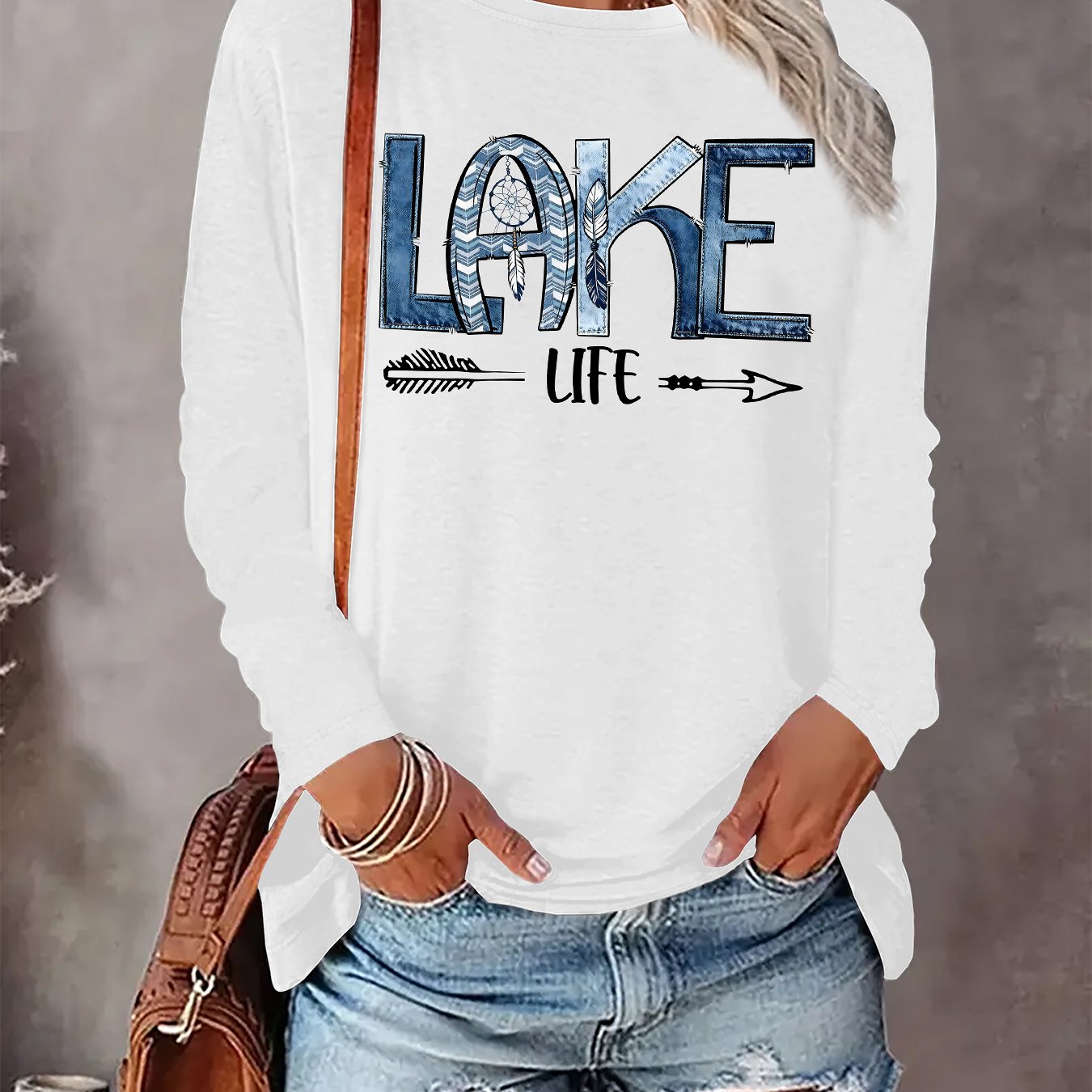 TEMU Women's Fashion Long-sleeve T-shirt With A Printed Design And Round Neck, Perfect For Casual Wear In Autumn And Winter