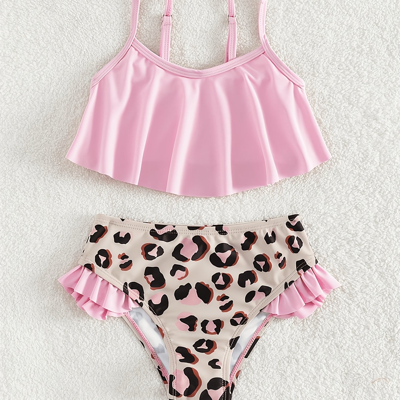 Image of ' Set, Pink Leopard Print Lace Cute Halter Top Girls' Fashion 2pcs Swimsuit, Beach Vacation Swimwear