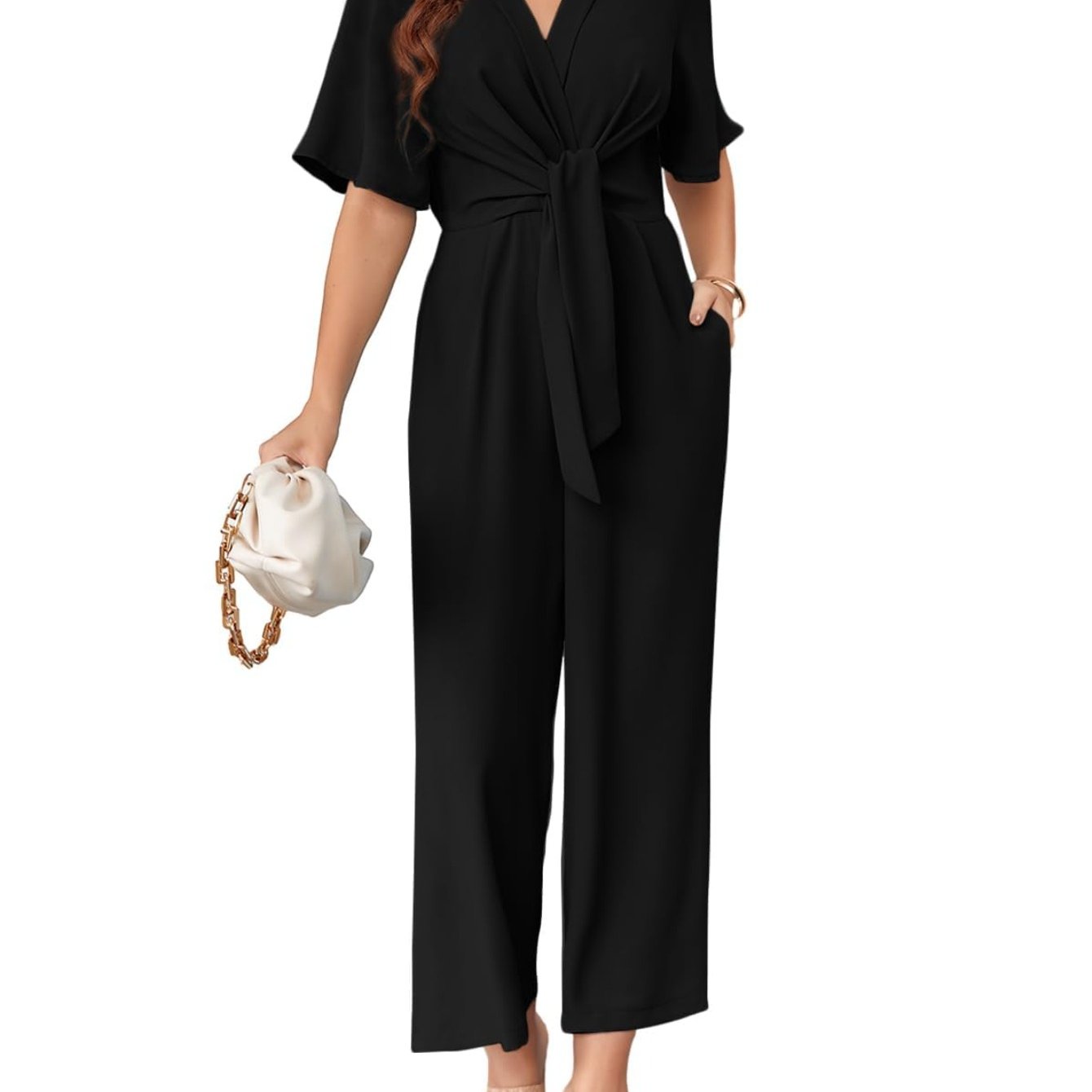 Image of Chic V Neck Jumpsuits For Women, Dressy Casual With Short Sleeves And Wide Leg Long Pants