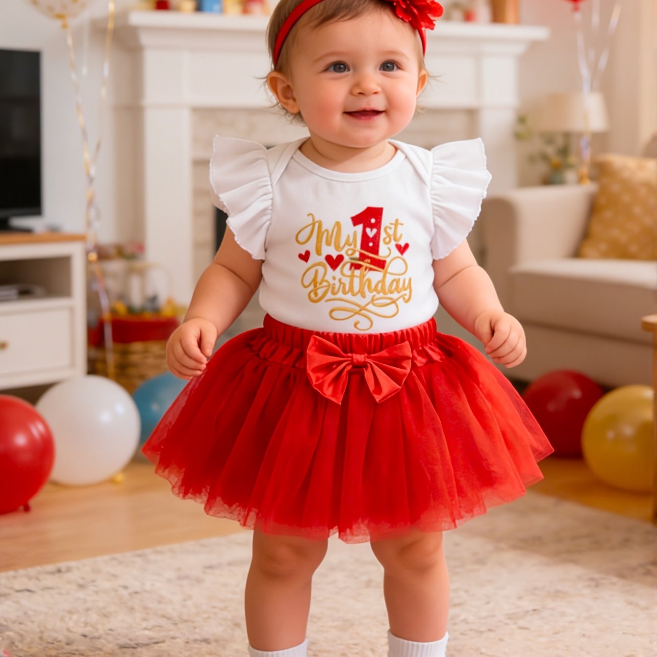 Image of Baby Girl Western Style Cute Embroidered Letter 1 Flying Sleeve Romper Bowknot Mesh Skirt Hair Additions 3pcs Set Baby Birthday Party Dress, For Outdoor