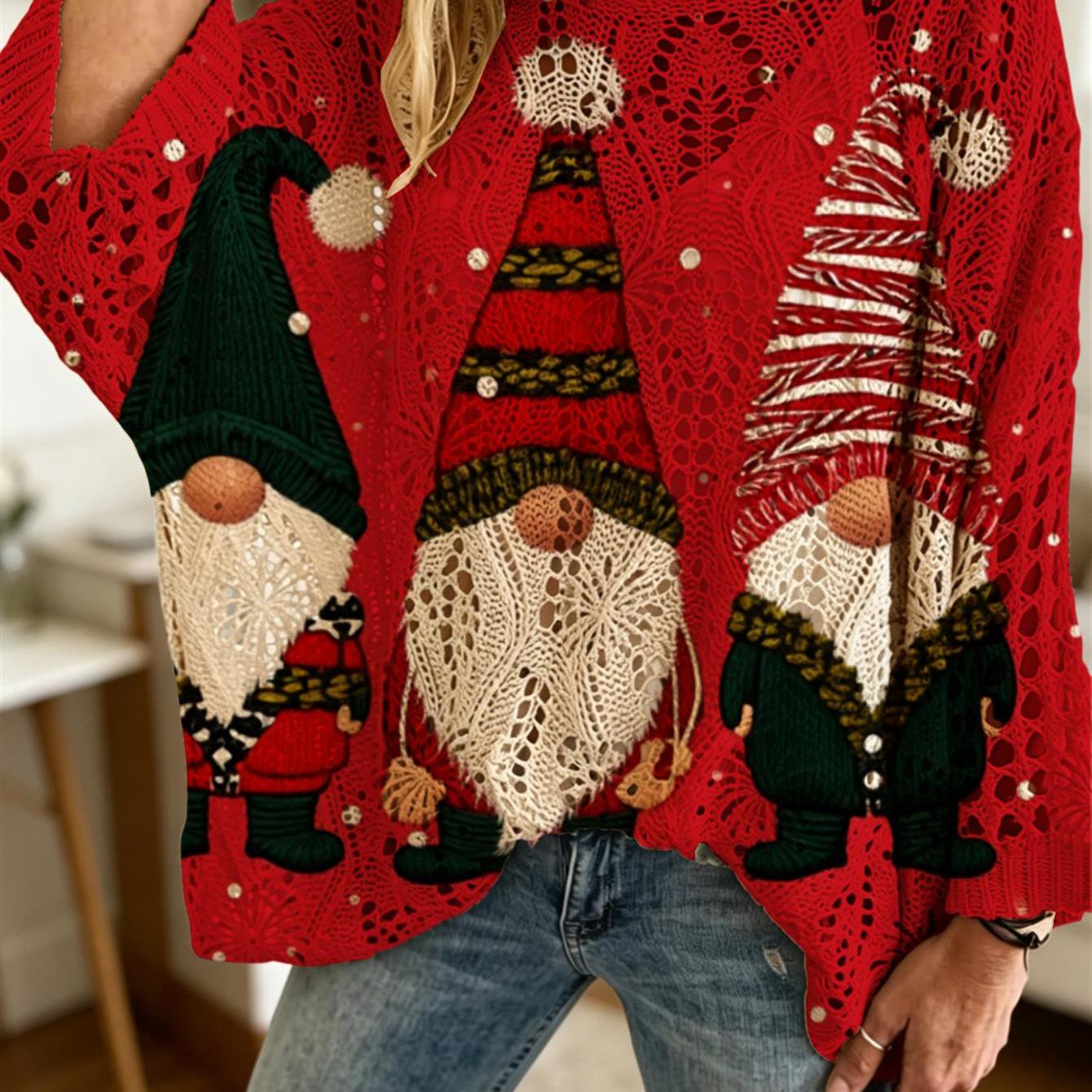 TEMU Pull Femme à Gnomes, Manches Longues Évasées en de Chauve-Souris, Haut de Fête avec Motif de Neige pour Vacances Décontractées et Couverture de