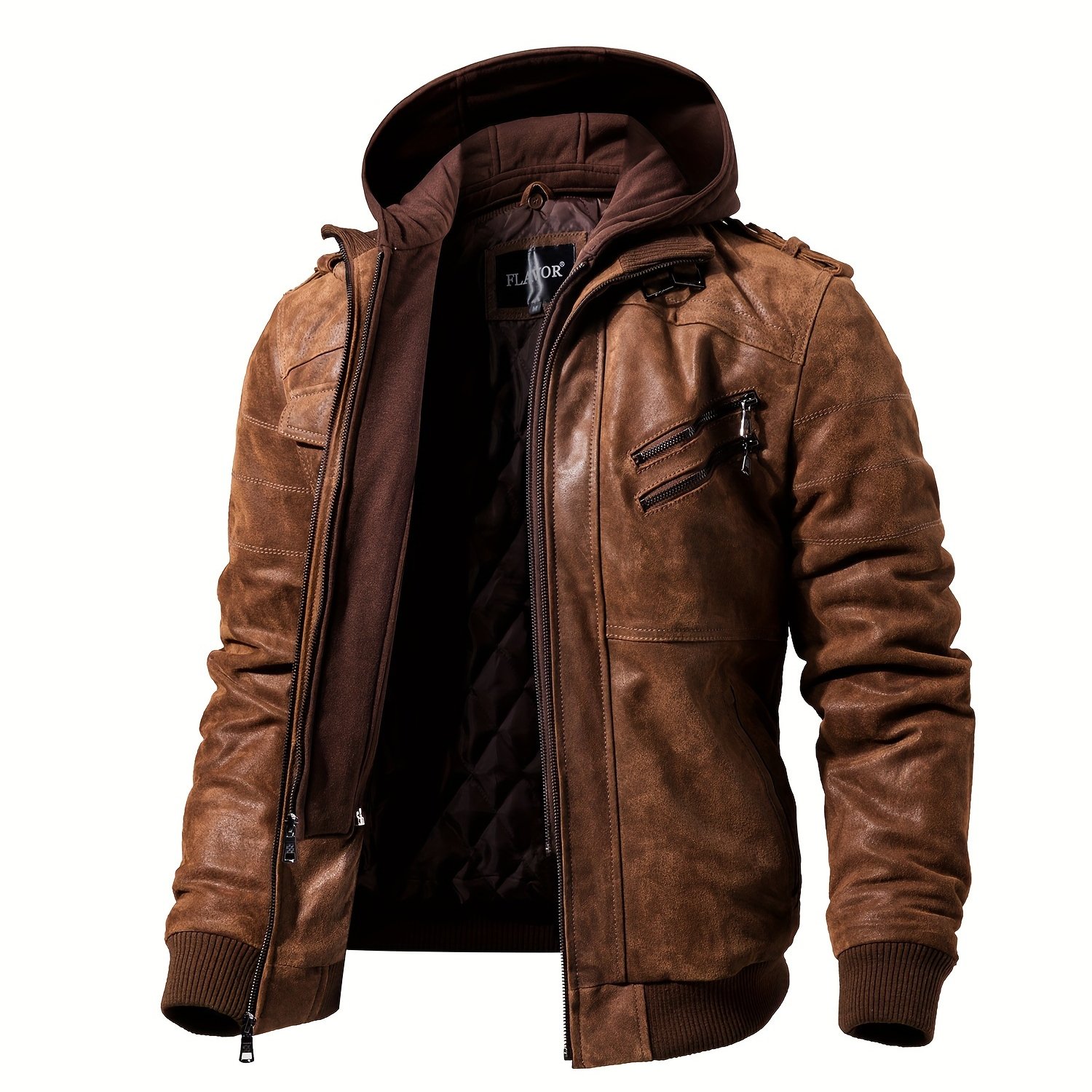 Flavor Men's Real Leather Jacket With Removable Hood Brown