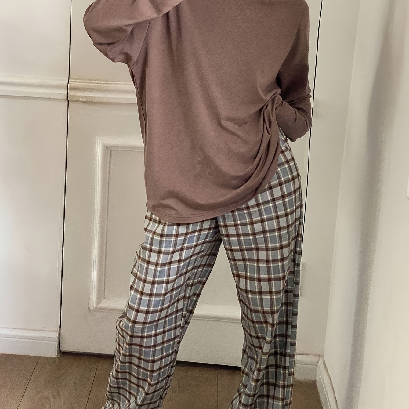 TEMU Women's Plaid Print Regular Fit Casual Round Neck Long Pajama Set For Spring And Autumn