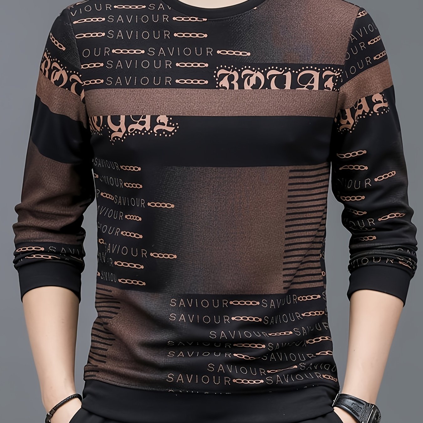 TEMU Nouveau haut pour homme printemps et automne, décoration anglaise motif géométrique, sweat-shirt à manches longues et col rond tendance, idéal