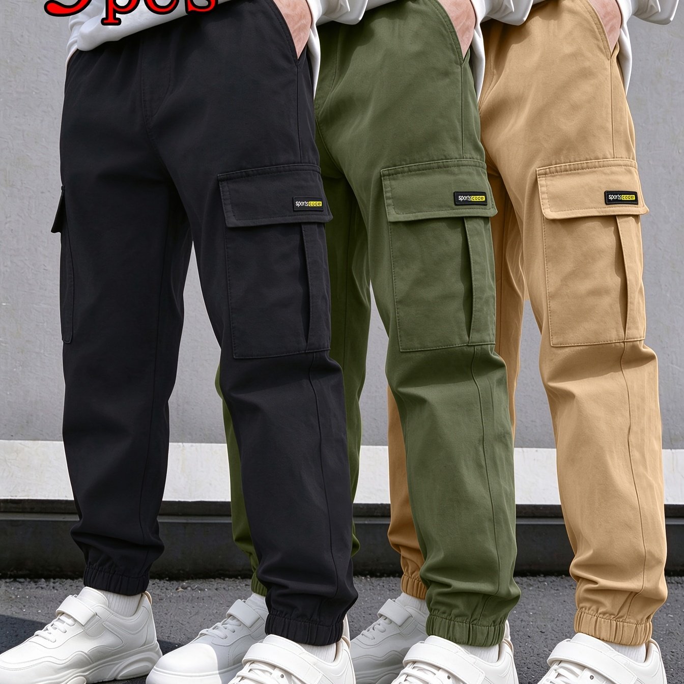 Image of Boys Cargo Pants 3 Pc, Kids Elastic Waist Jogger Pants, Loose Fit Multi Pockets, Lightweight Durable Casual Trousers, Outdoor Daily Wear For Big Kids, Perfect For Outdoor