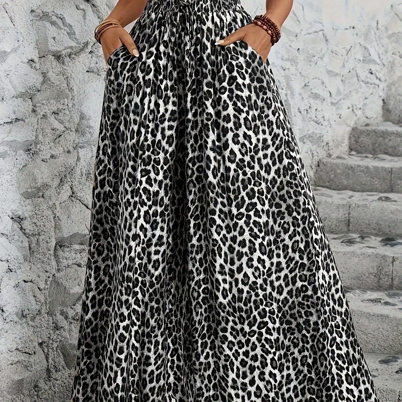 E-shop Stylische Damen Hose mit weitem Bein und Leopardenmuster - Vintage-Stil, hoher Bund mit Gummiband, aus 100% Material, maschinenwaschbar -