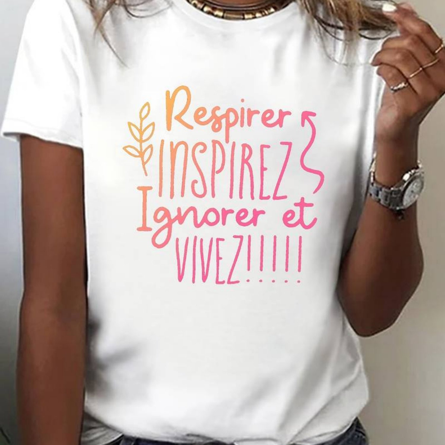 TEMU T-shirt décontracté à manches courtes pour femmes - Col rond, motif humoristique en français et imprimé géométrique, vert vif avec accents roses