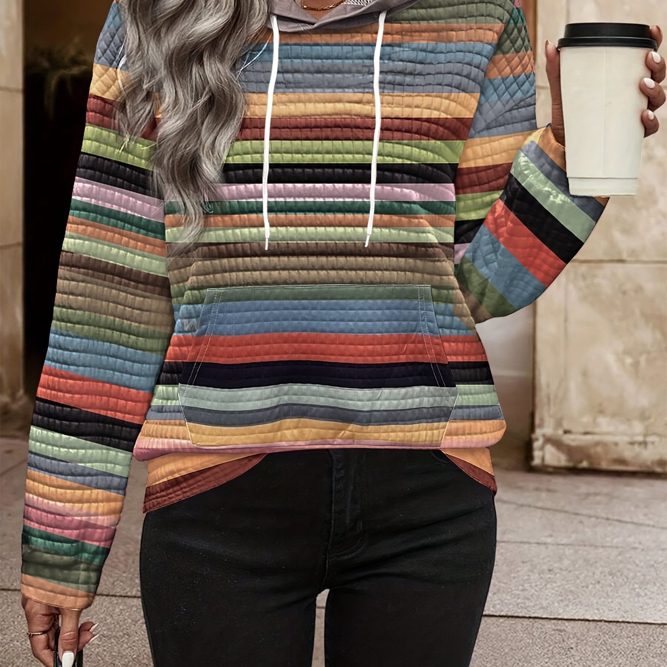 Striped Print Pullover Hooded Sweatshirt
